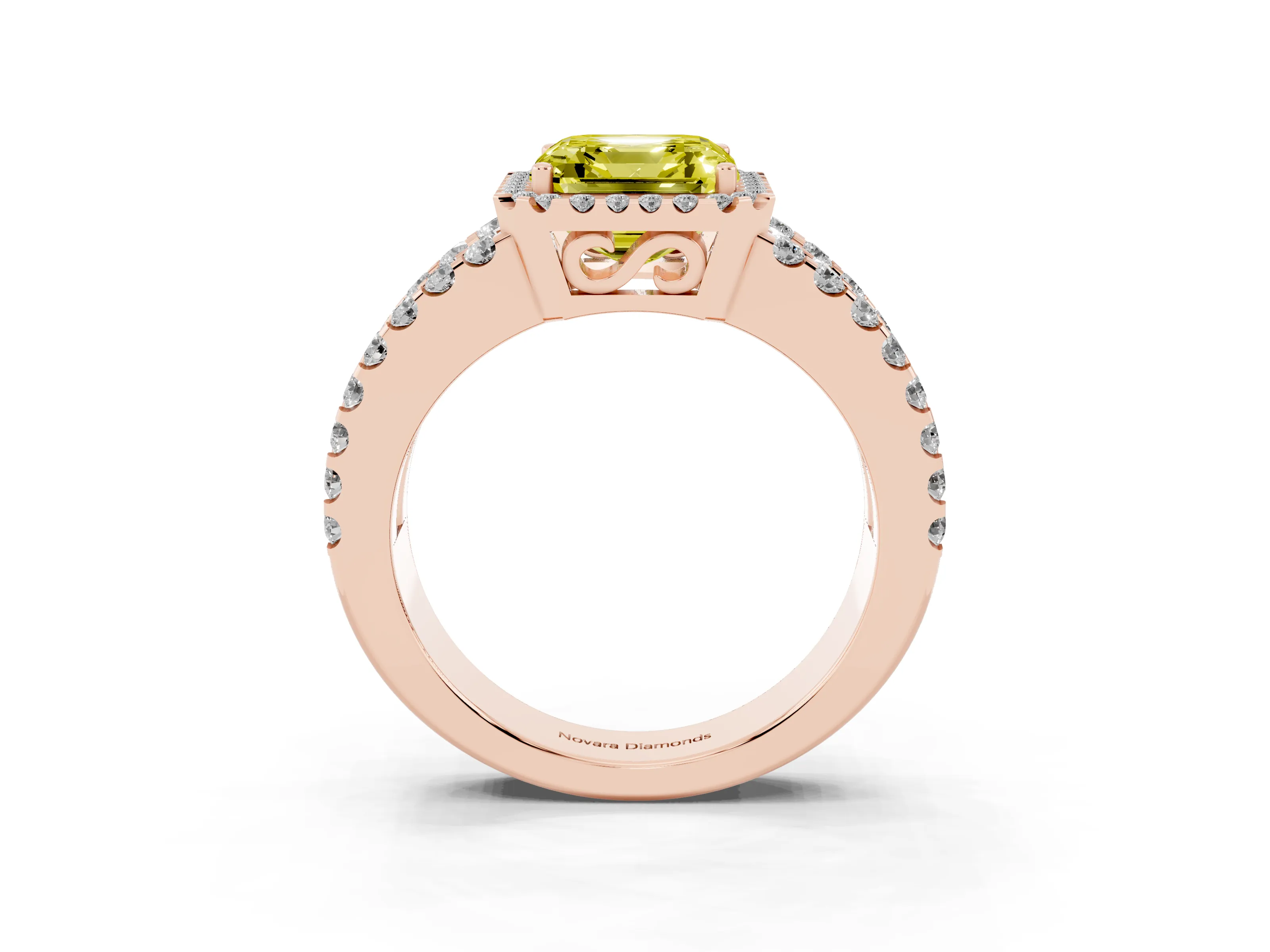 Fancy Yellow Asscher Cut Diamond Halo Ring Set in Rose gold with Pavé Split Shank and Prong Setting