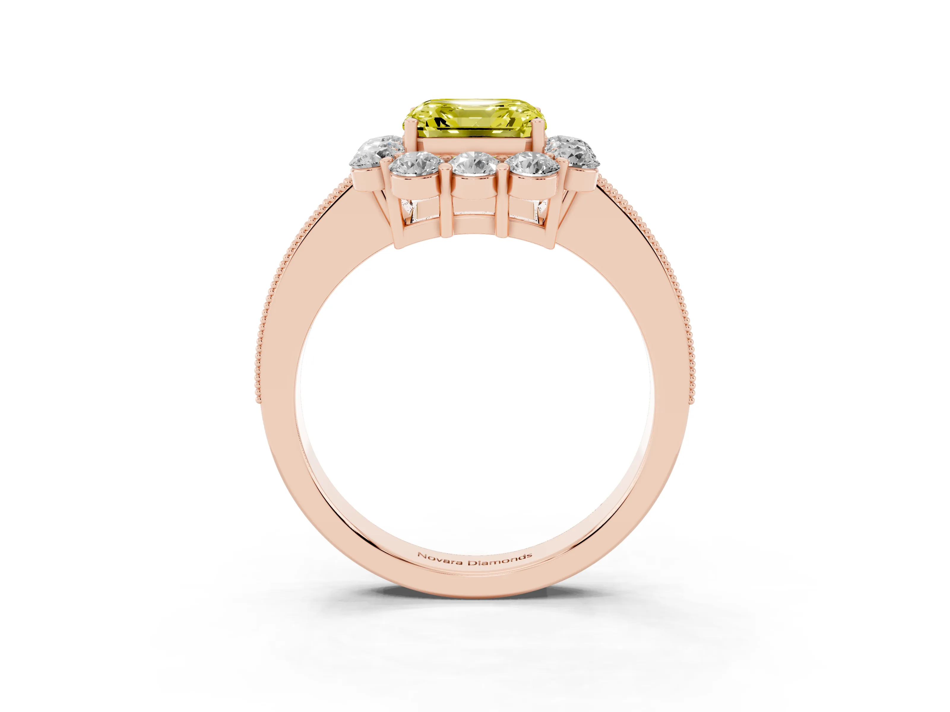 Fancy Yellow Asscher Cut Diamond Halo Pavé Engagement Ring Set in Rose gold with Milgrain Detailing