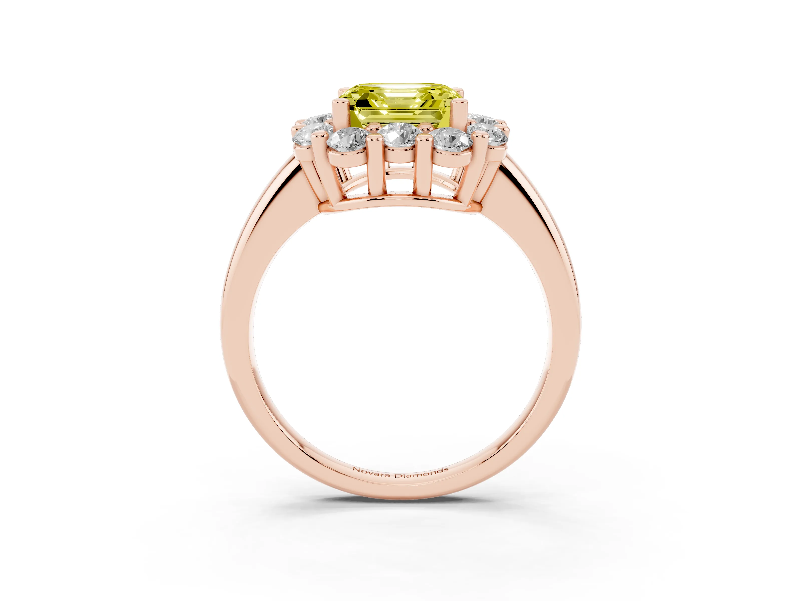 Fancy Yellow Asscher Cut Diamond Halo Cluster Engagement Ring Set in Rose gold with Polished Band and Prong Setting
