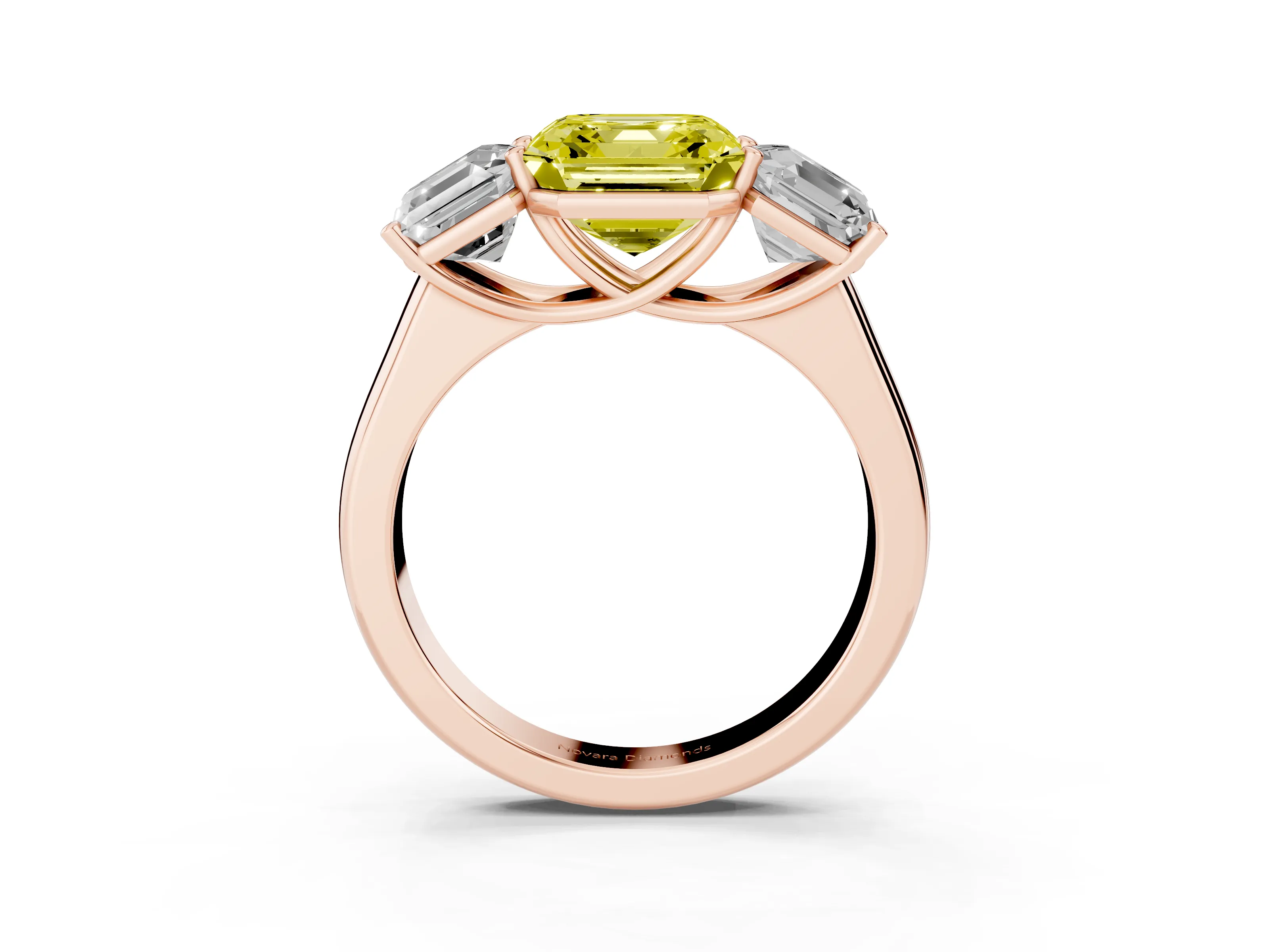 Fancy Yellow Asscher Cut Diamond Three-Stone Ring Set in Rose gold with Plain Polished Band