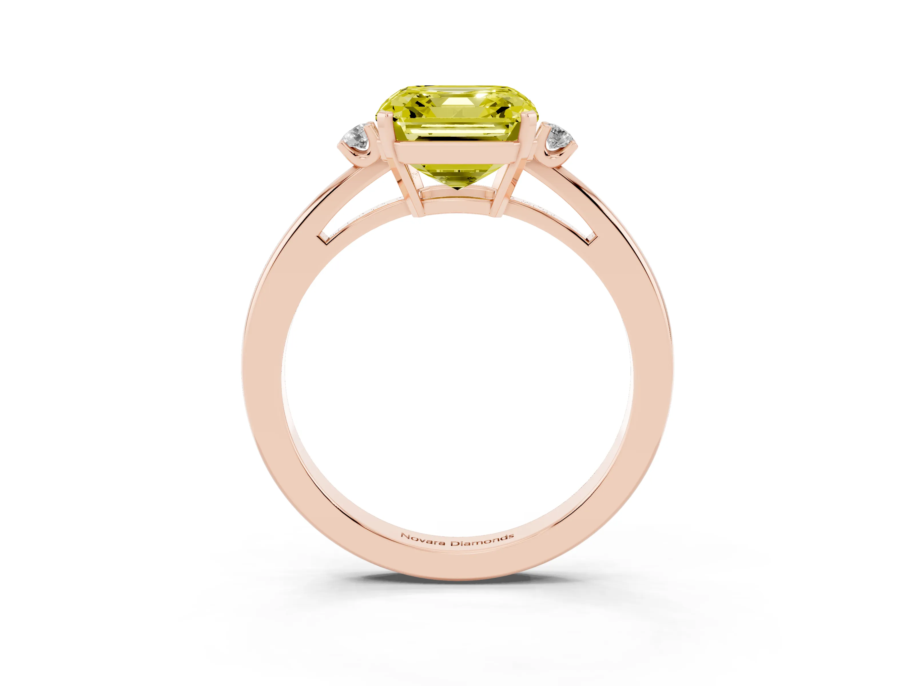 Fancy Yellow Three-Stone Asscher Cut Diamond Solitaire Ring Set in Rose gold with Round Accent Stones and Prong Setting