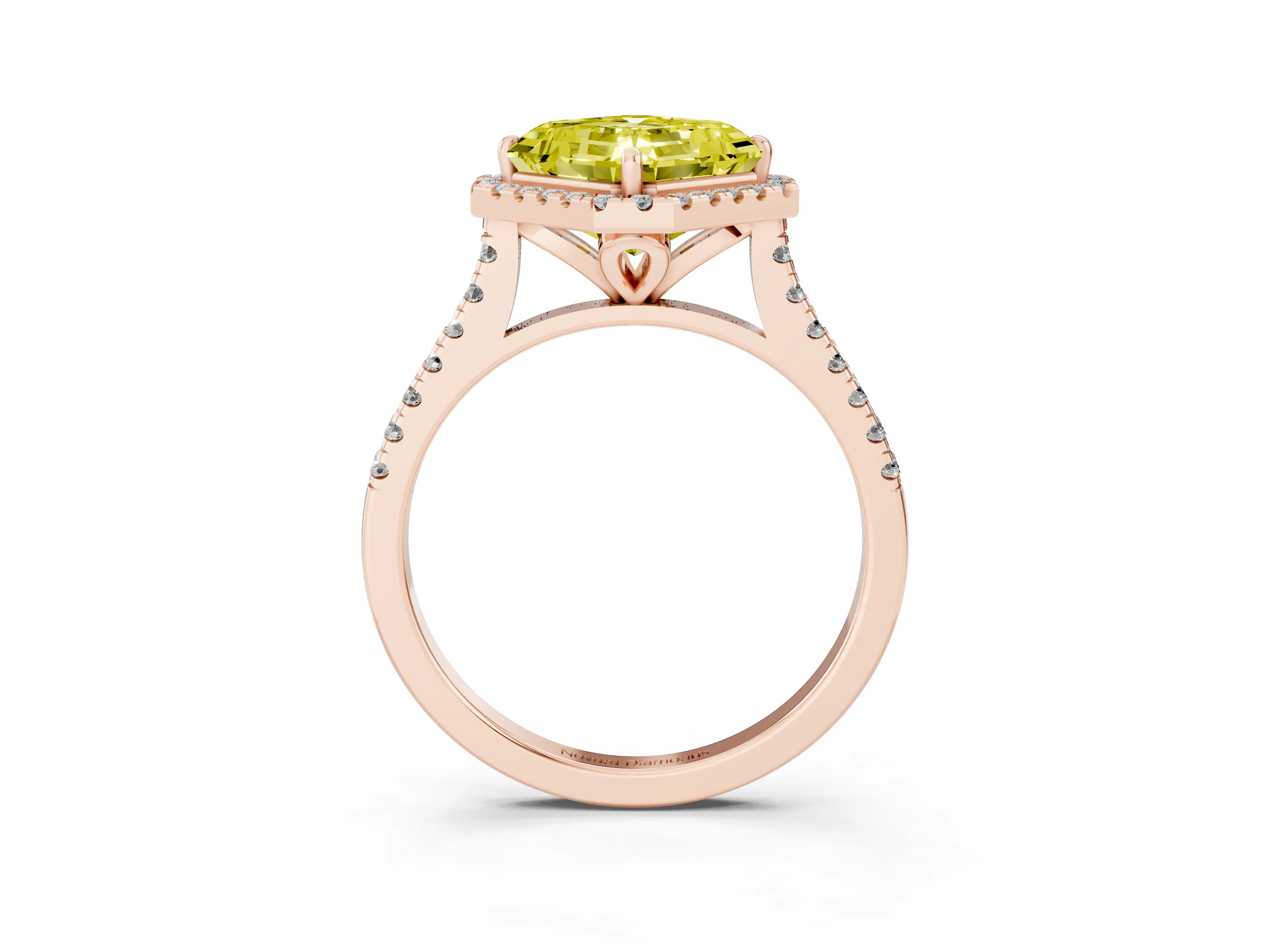Fancy Yellow Asscher Cut Diamond Cushion Halo Ring Set in Rose gold with Pavé Band