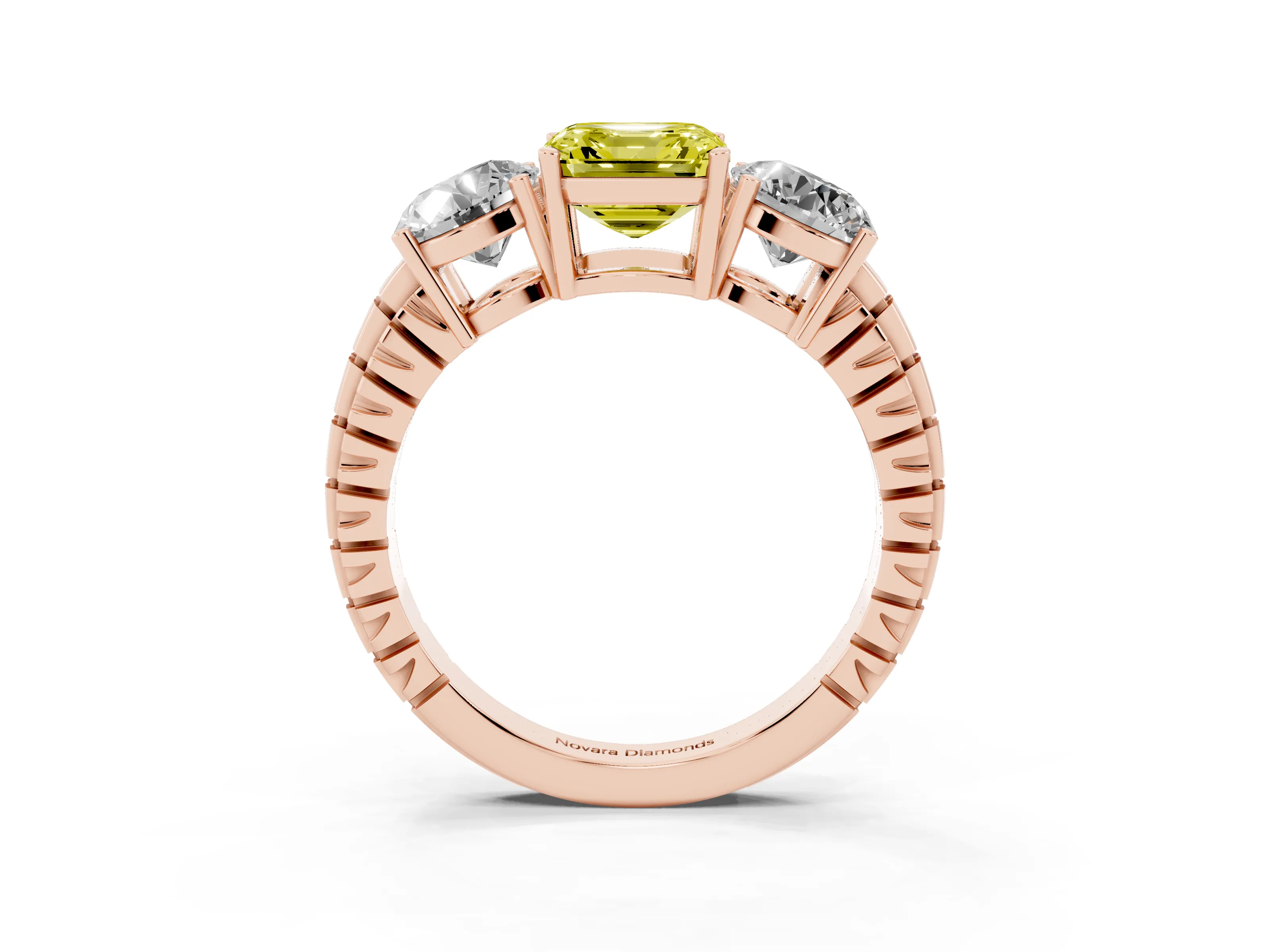 Fancy Yellow Asscher Cut Diamond Three-Stone Ring Set in Rose gold with Channel-Set Accent Band