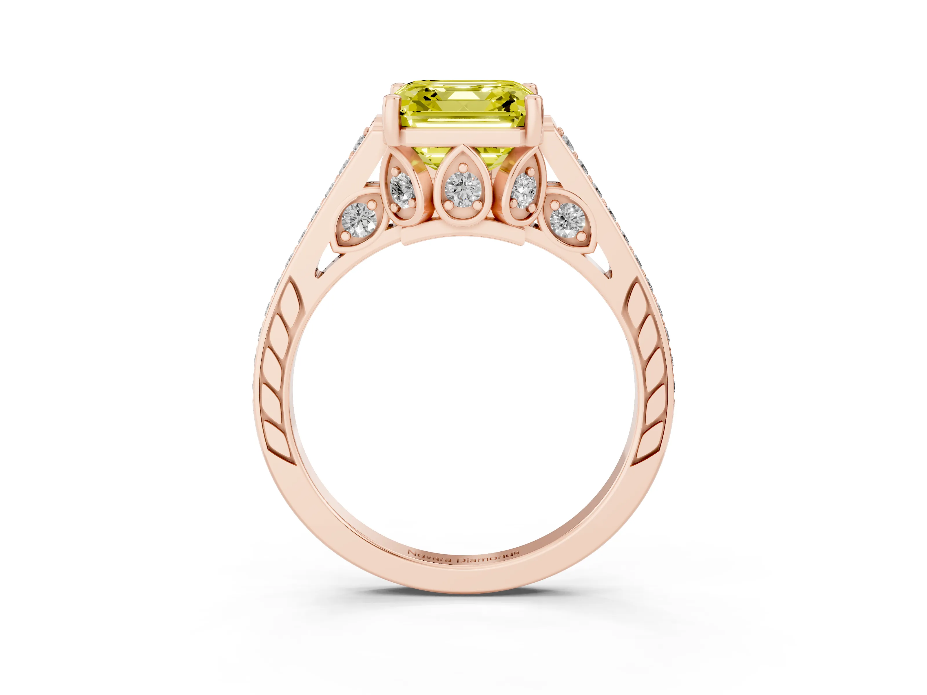 Fancy Yellow Asscher Cut Diamond Cathedral Pavé Engagement Ring Set in Rose gold with Prong Setting