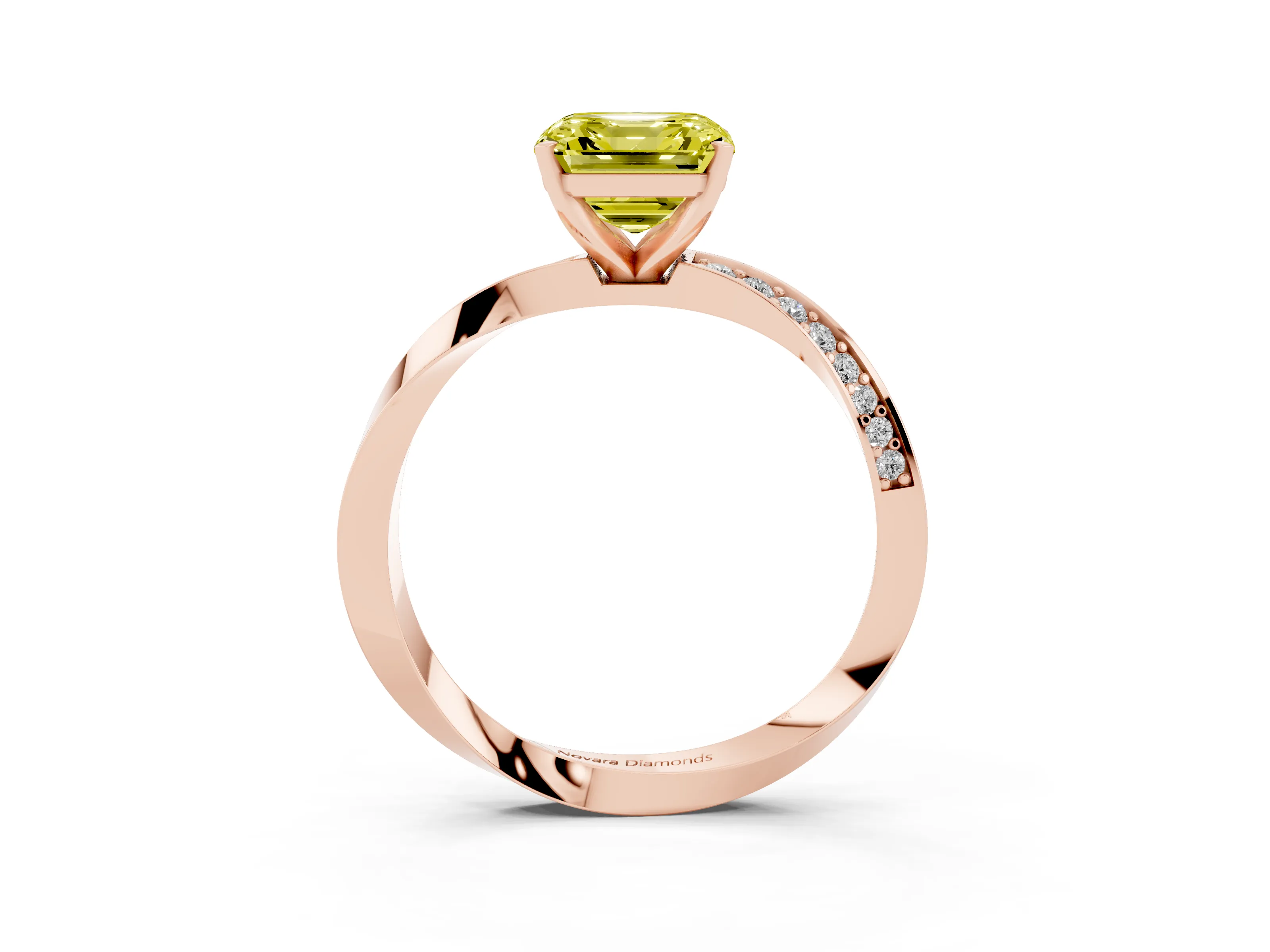 Fancy Yellow Asscher Cut Diamond Engagement Ring Set in Rose gold with Side Stone Accents and Prong Setting
