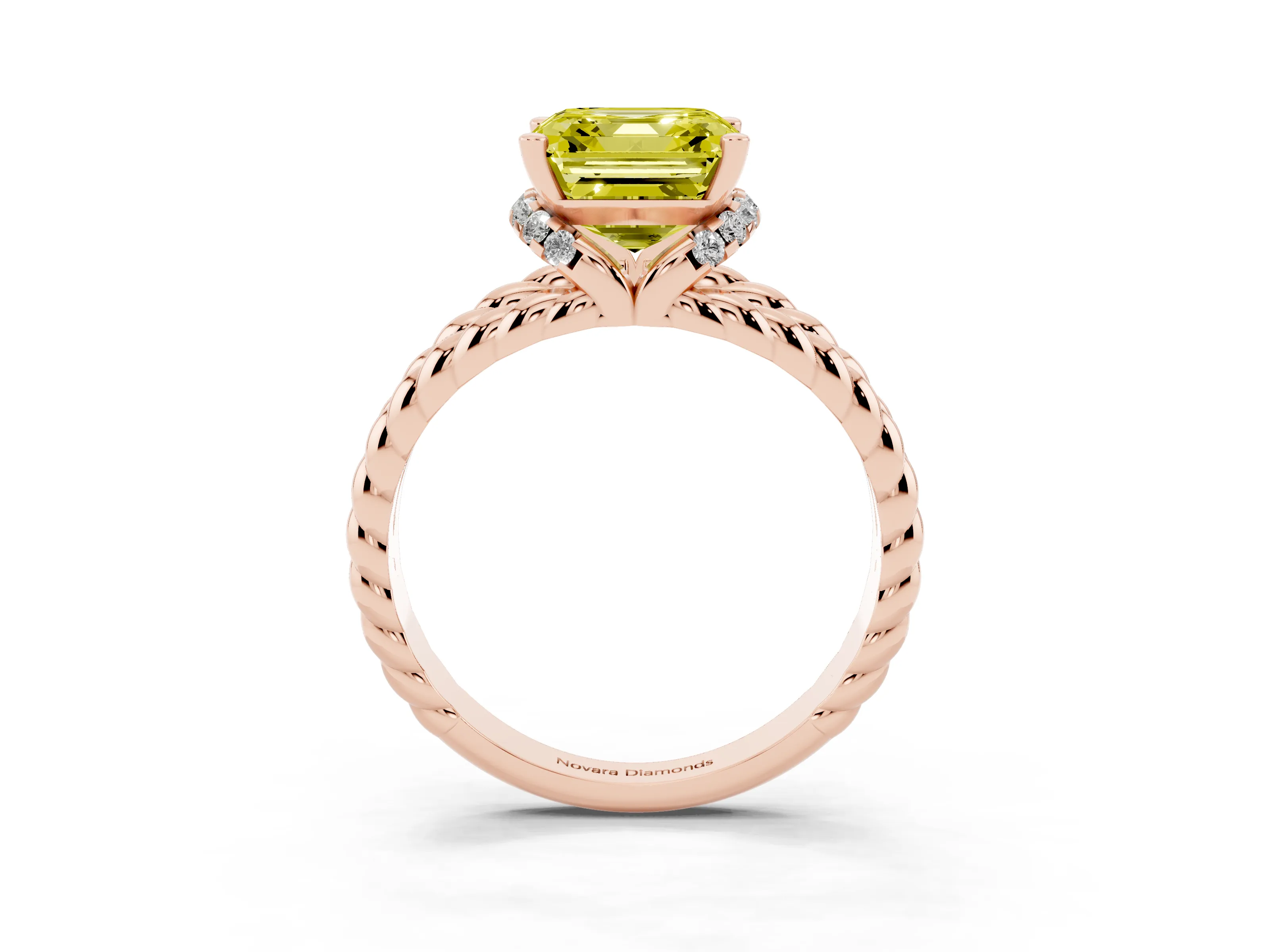 Fancy Yellow Asscher Cut Diamond Halo Ring Set in Rose gold with Twisted Band and Prong Setting