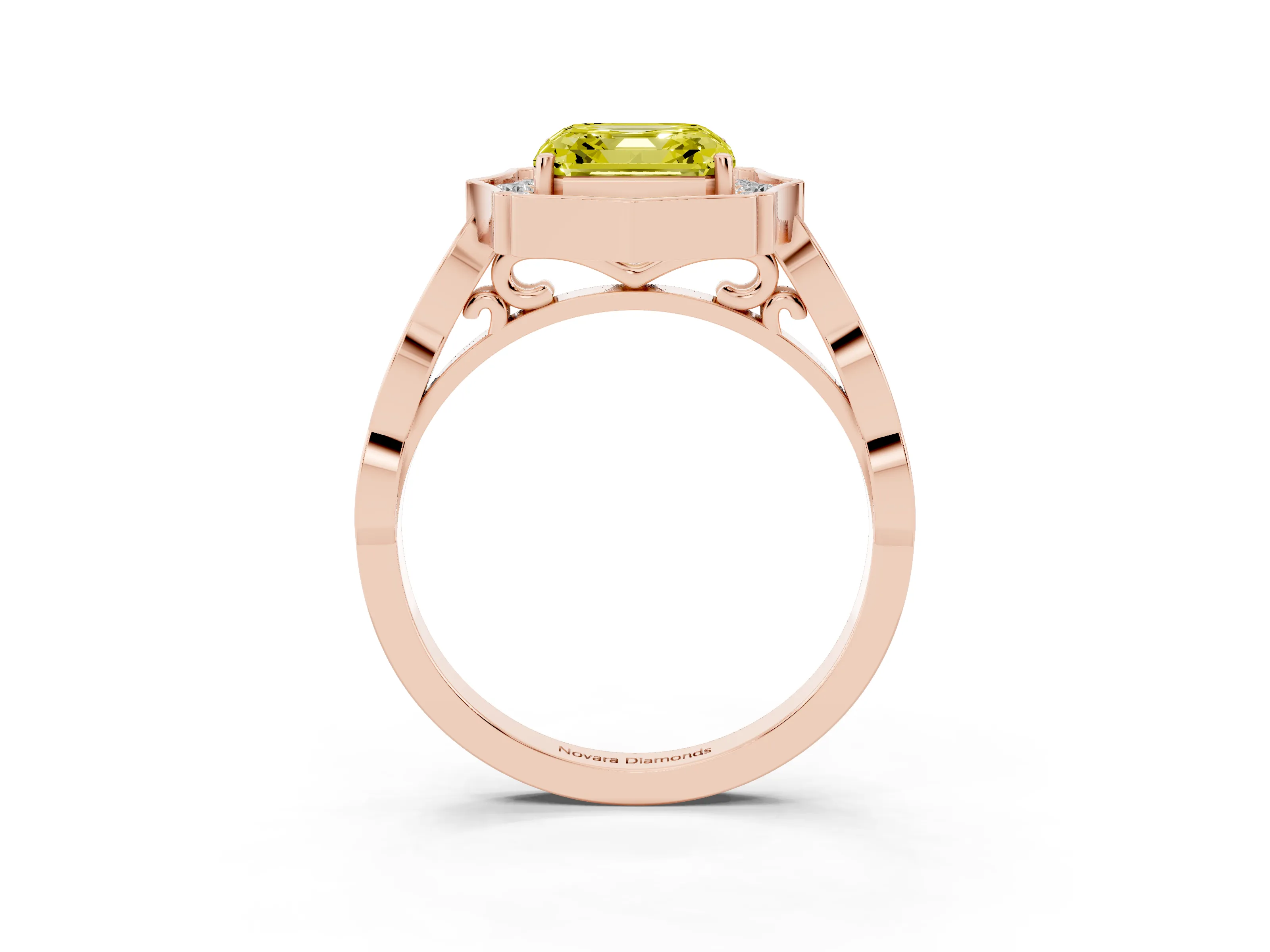 Fancy Yellow Asscher Cut Diamond Halo Engagement Ring Set in Rose gold with Milgrain Band and Prong Setting