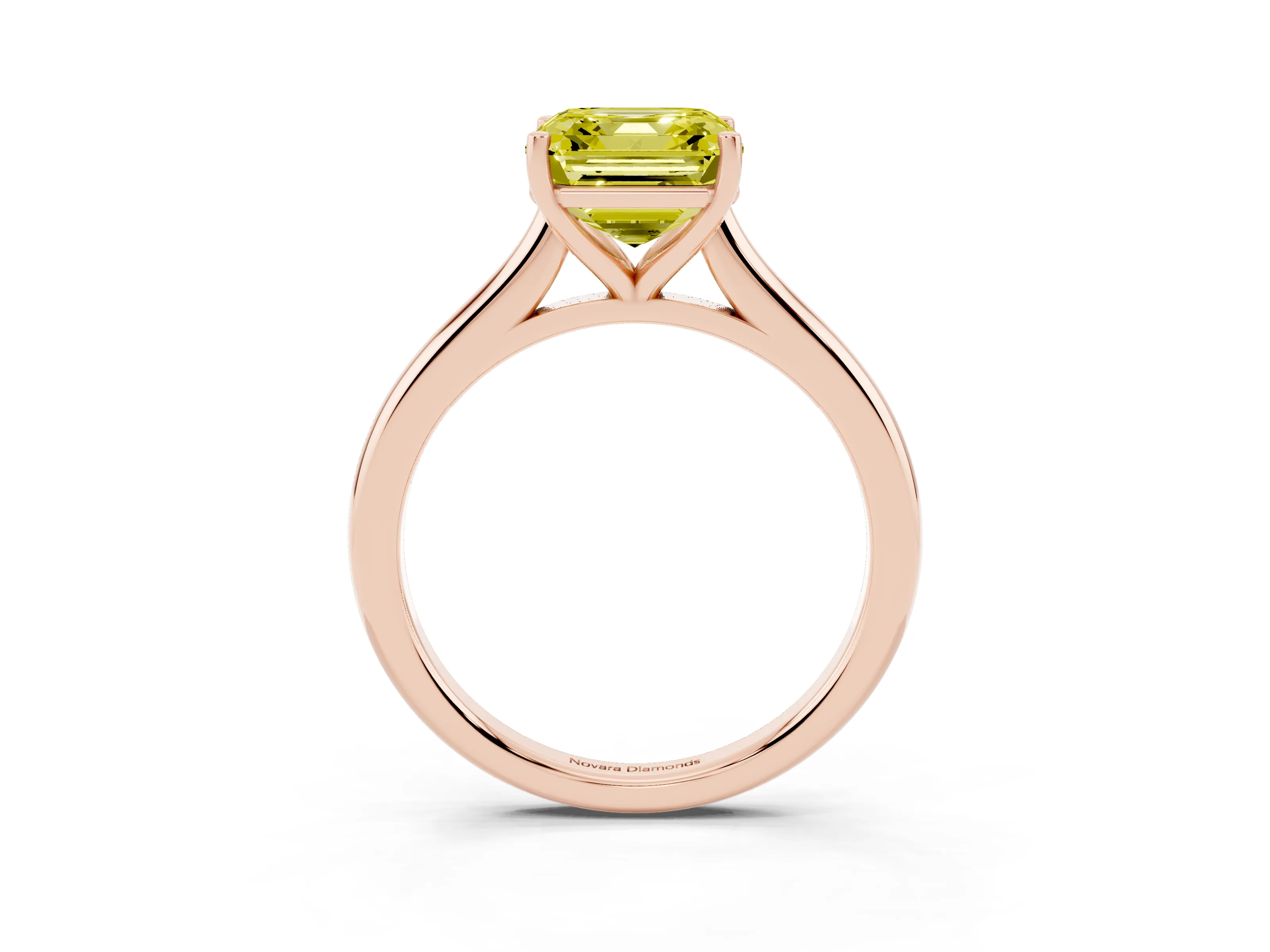Fancy Yellow Asscher Cut Diamond Solitaire Ring Set in Rose gold with Cathedral Band and Prong Setting