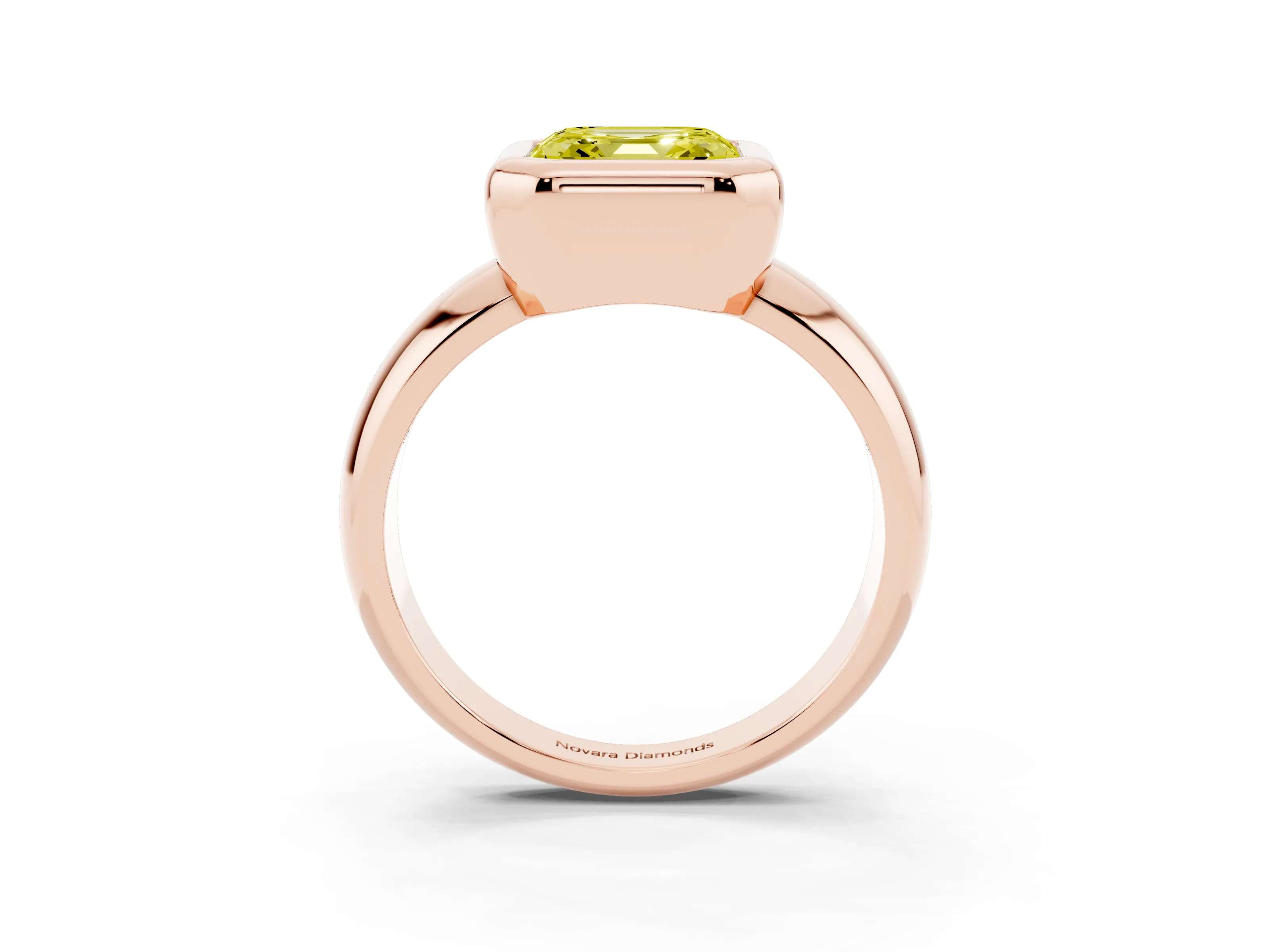 Fancy Yellow Bezel Set Asscher Cut Diamond Solitaire Ring Set in Rose gold with Wide Band