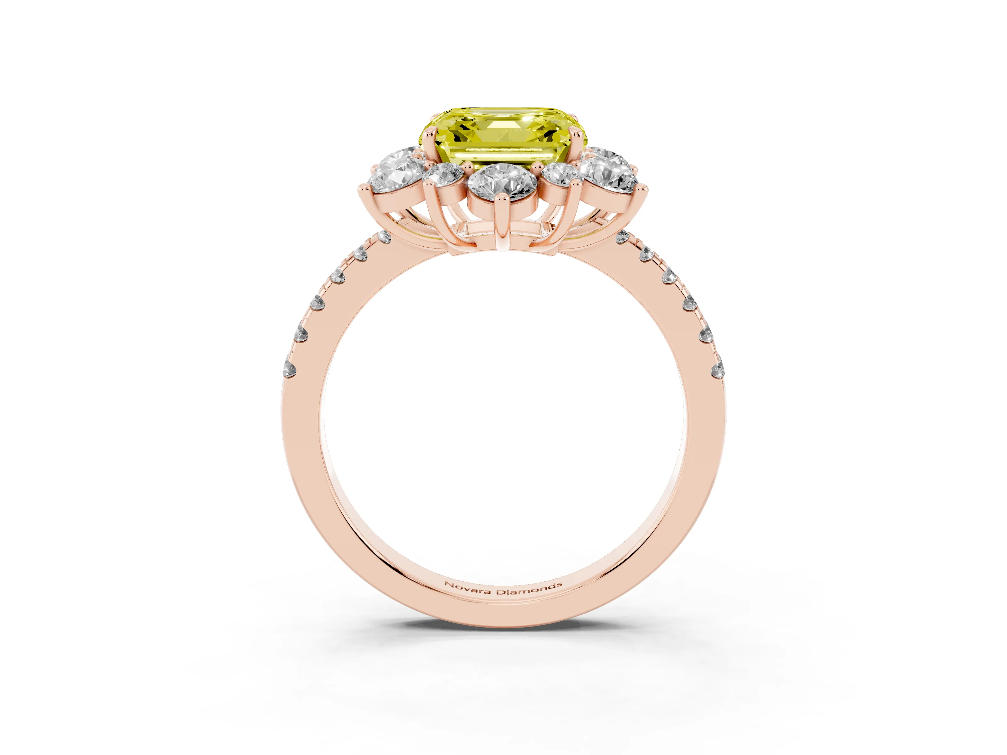 Fancy Yellow Asscher Cut Diamond Floral Halo Ring Set in Rose gold with Round Pavé Band and Prong Setting