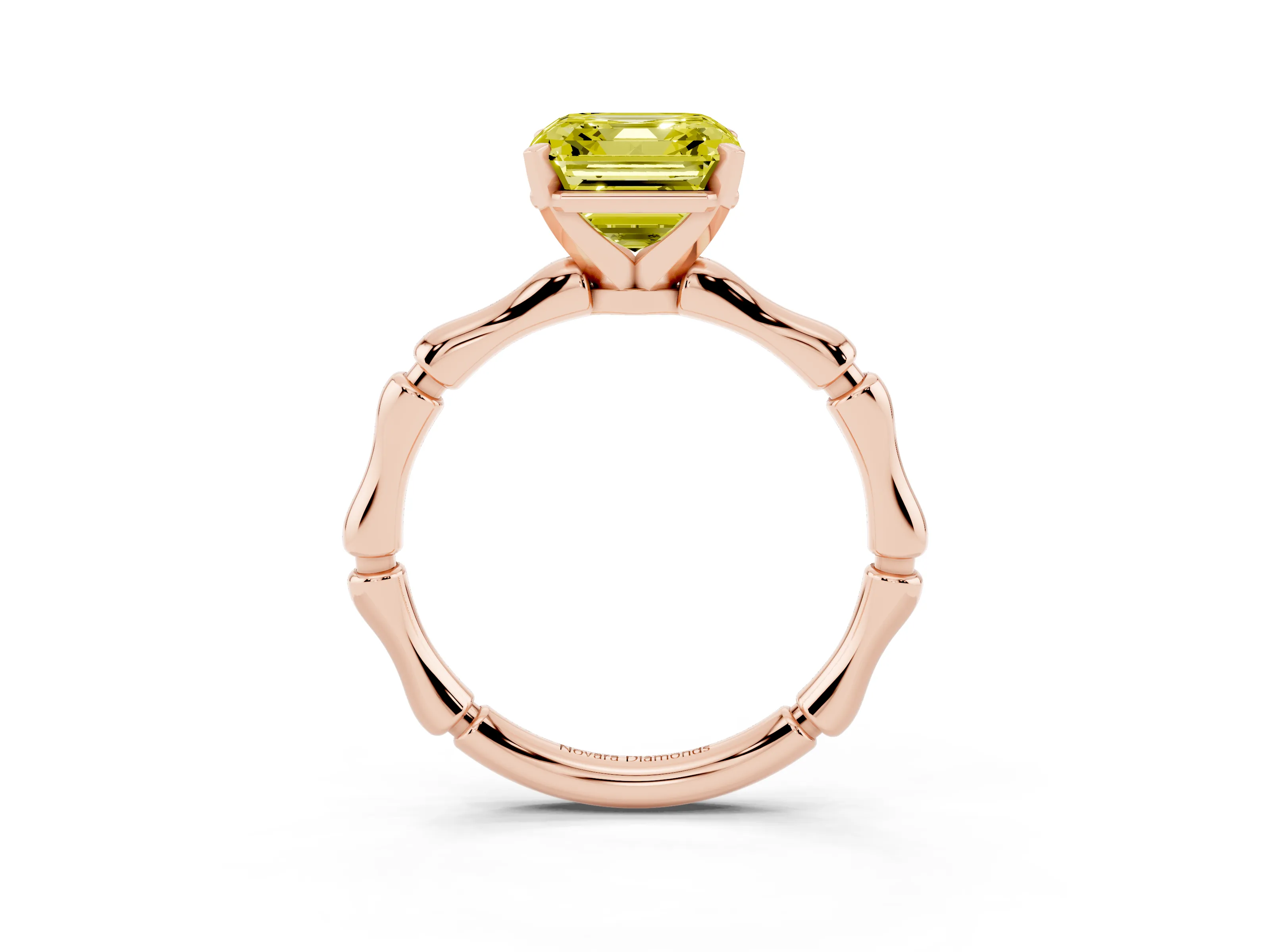 Fancy Yellow Asscher Cut Diamond Solitaire Ring Set in Rose gold with Bamboo Band and Prong Setting
