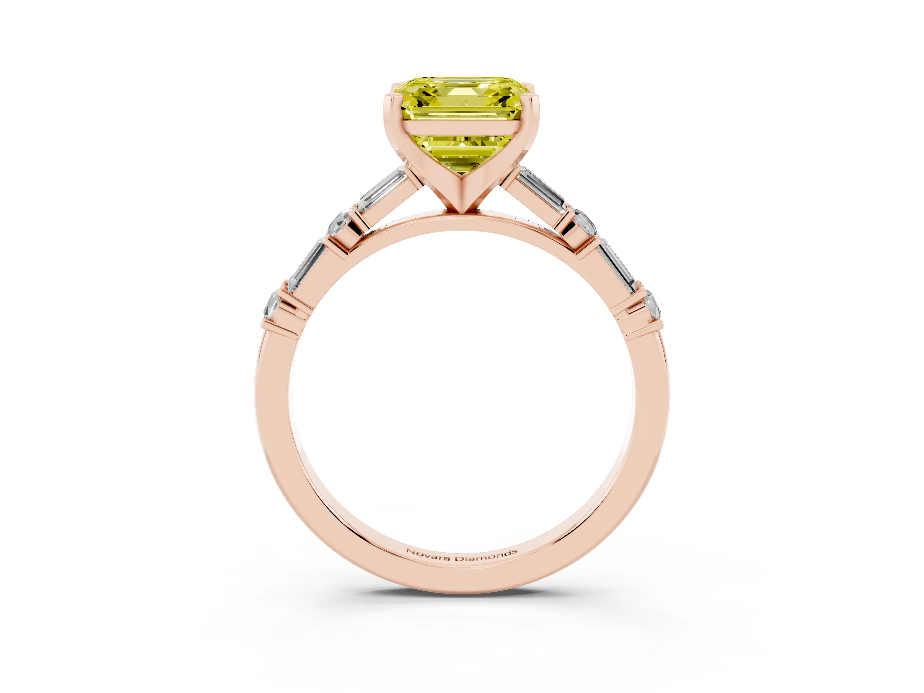 Fancy Yellow Asscher Cut Diamond Solitaire Set in Rose gold with Side Baguettes and Channel Set Band