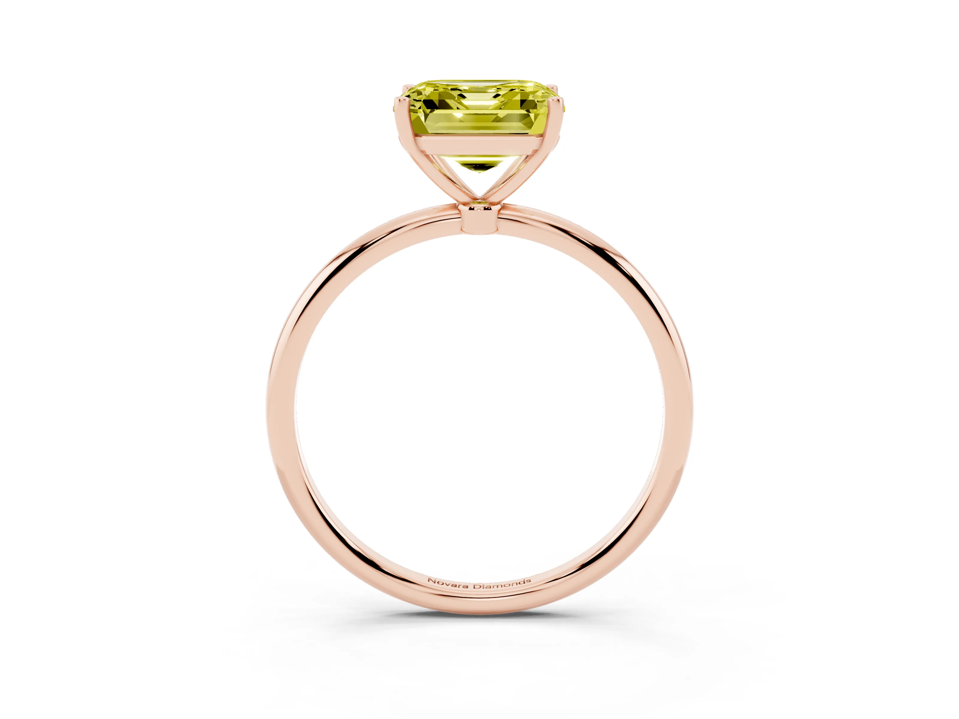 Fancy Yellow Asscher Cut Diamond Solitaire Engagement Ring Set in Rose gold with Thin Band and Prong Setting