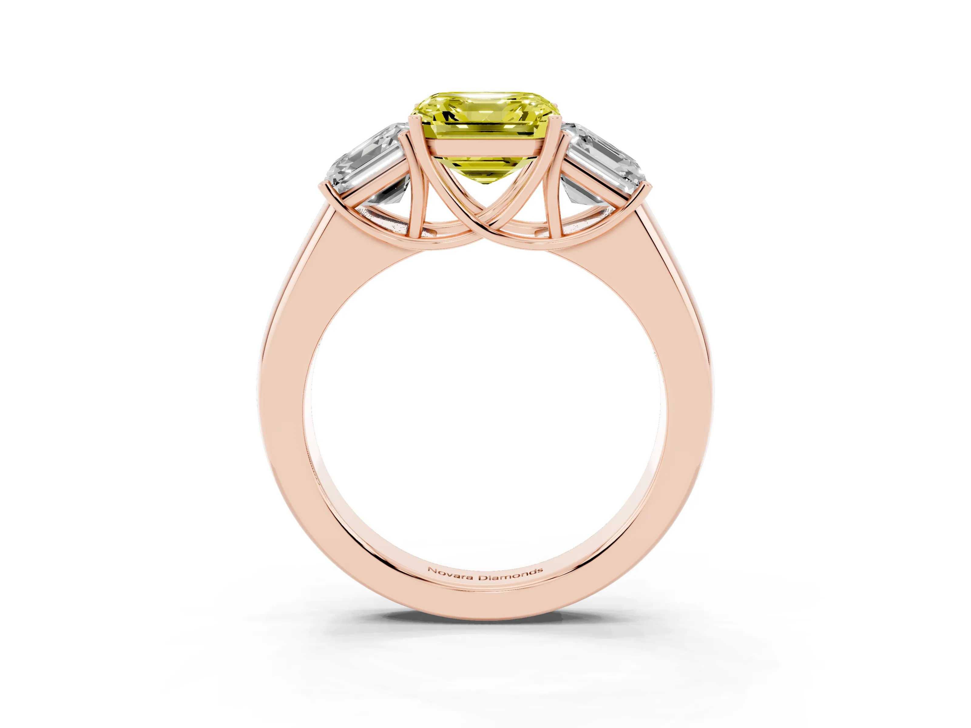 Fancy Yellow Three-Stone Asscher Cut Diamond Ring Set in Rose gold with Matching Prong Settings and Plain Band