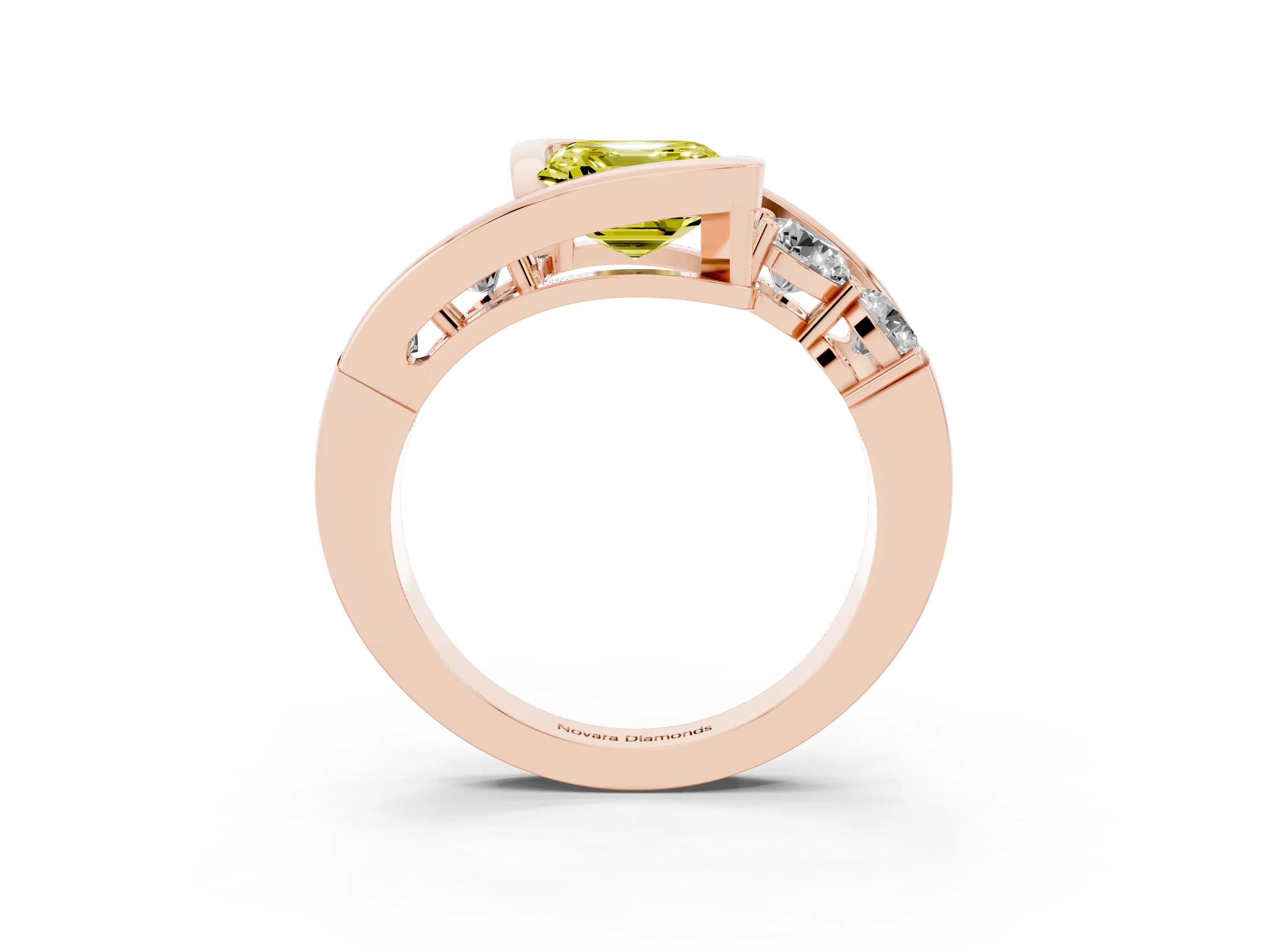 Fancy Yellow Asscher Cut Diamond Bezel Bypass Ring Set in Rose gold with Round Accents