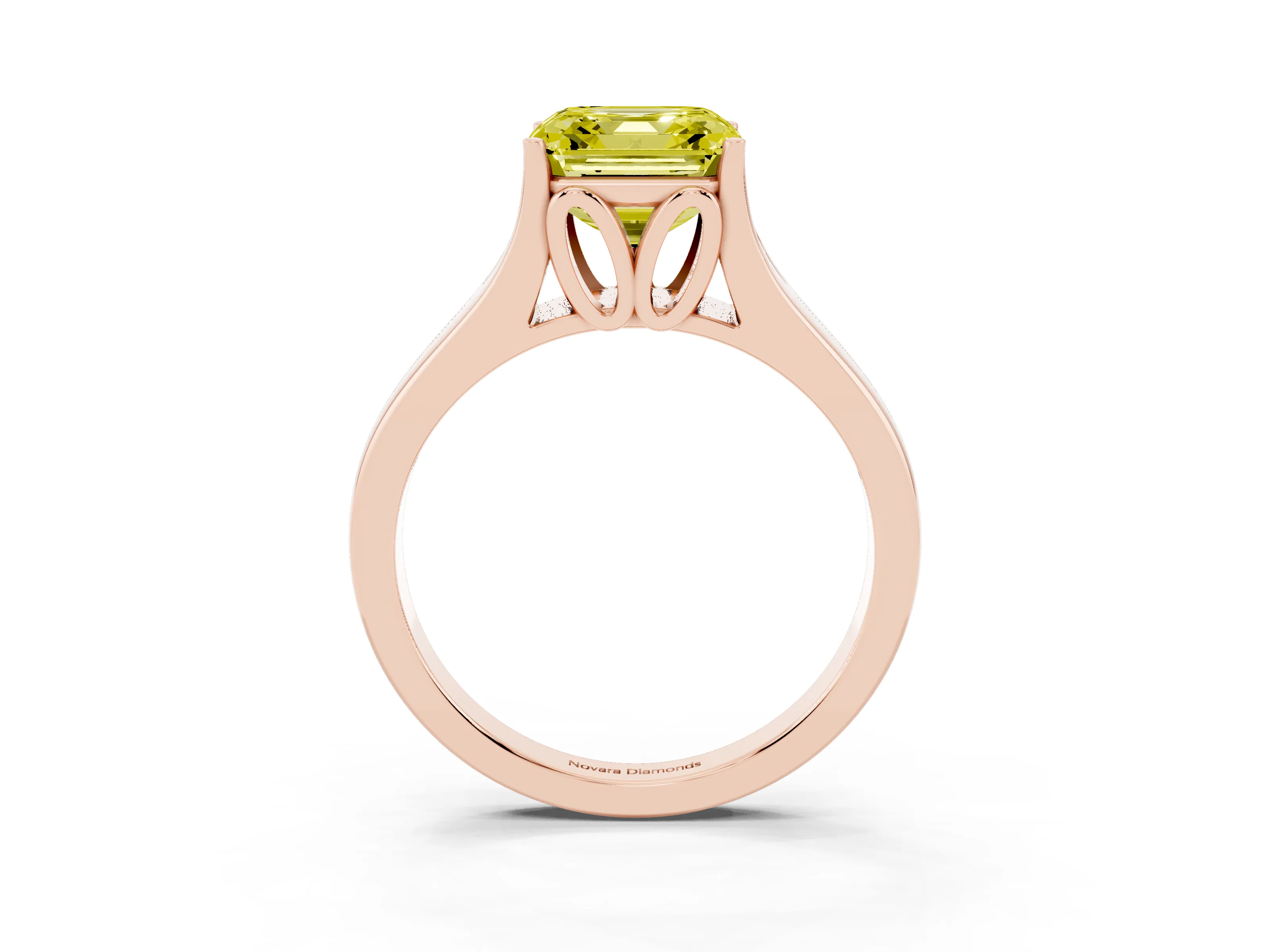 Fancy Yellow Asscher Cut Diamond Solitaire Ring Set in Rose gold with Arched Cathedral Band and Prong Setting