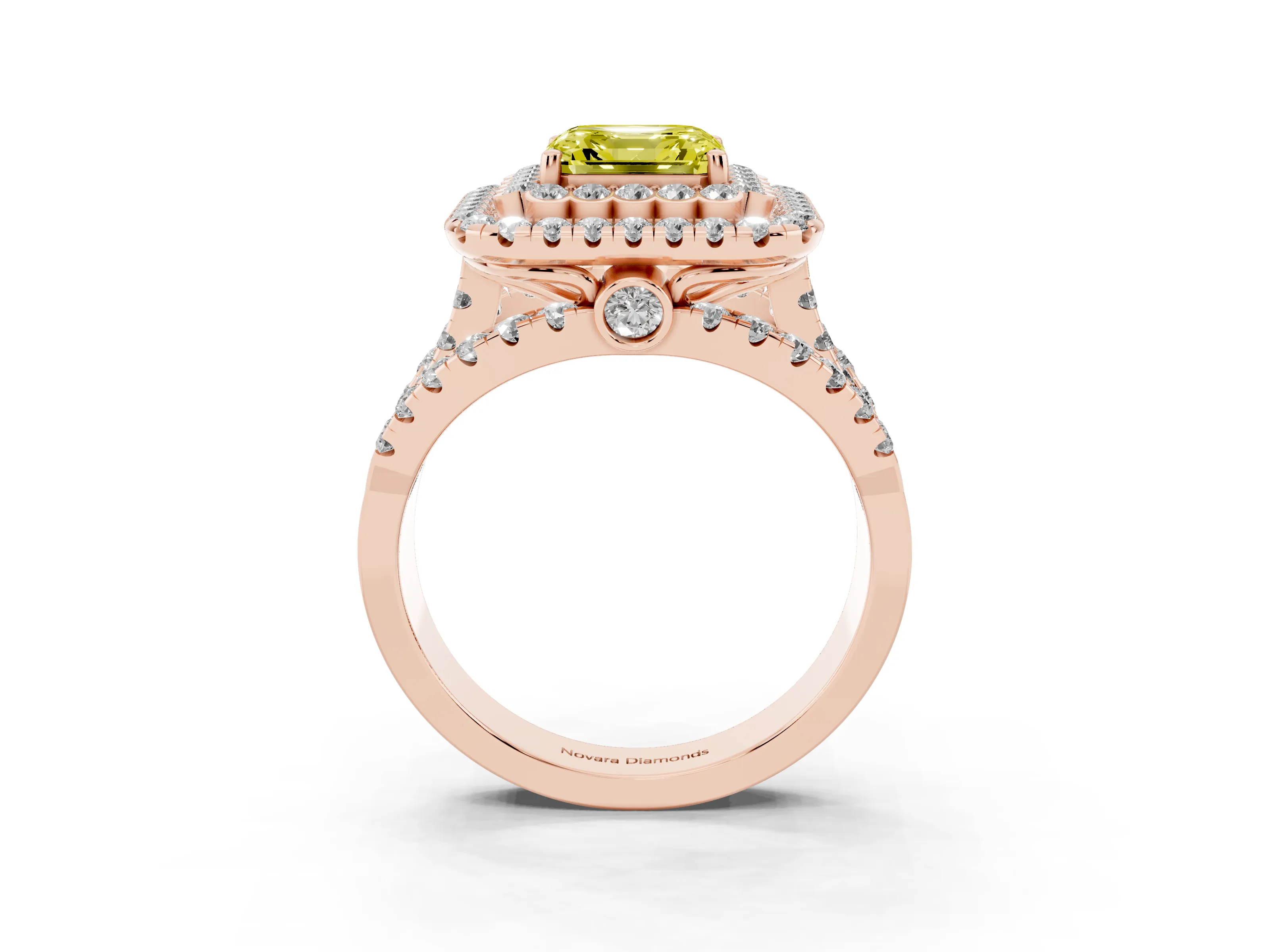 Fancy Yellow Asscher Cut Diamond Double Halo Ring Set in Rose gold with Round Pavé Split Shank