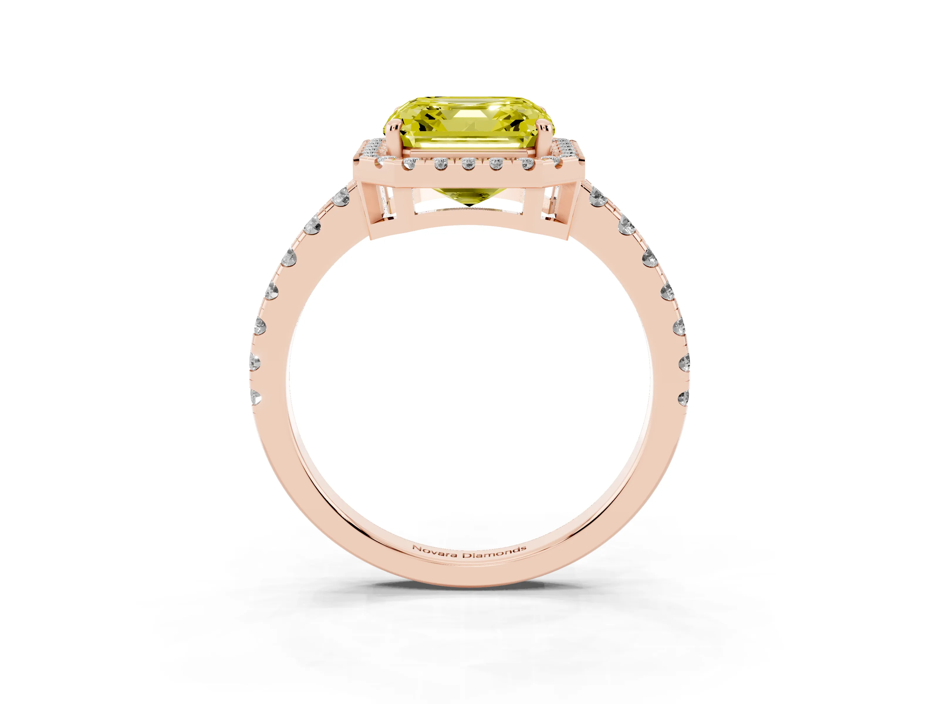 Fancy Yellow Asscher Cut Diamond Halo Ring Set in Rose gold with Delicate Pavé Band and Prong Setting