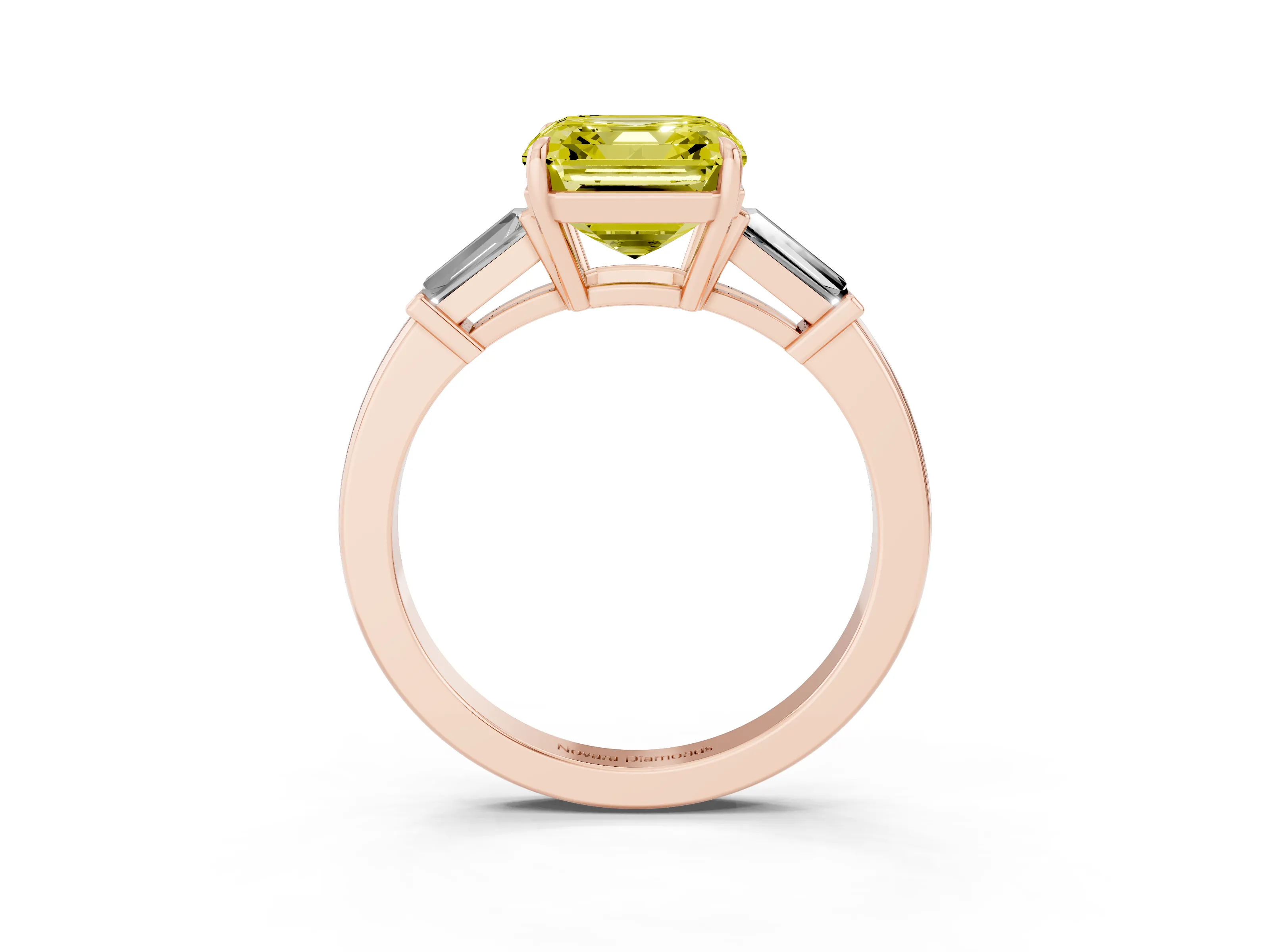 Fancy Yellow Asscher Cut Diamond Three-Stone Ring Set in Rose gold with Tapered Baguette Side Stones and Prong Setting