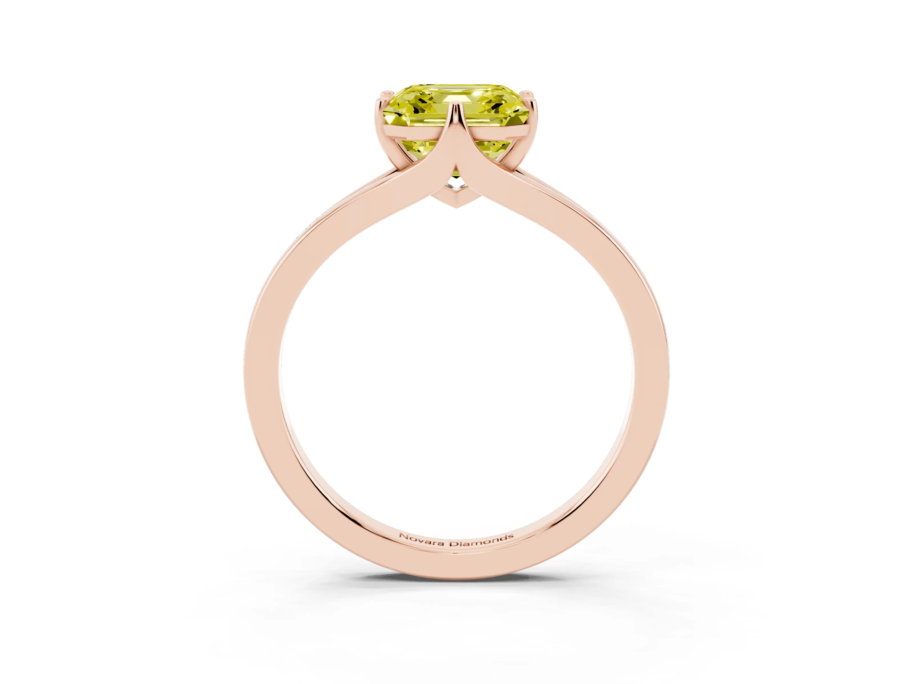 Fancy Yellow Asscher Cut Diamond Solitaire Ring Set in Rose gold with Polished Tapered Band and Prong Setting