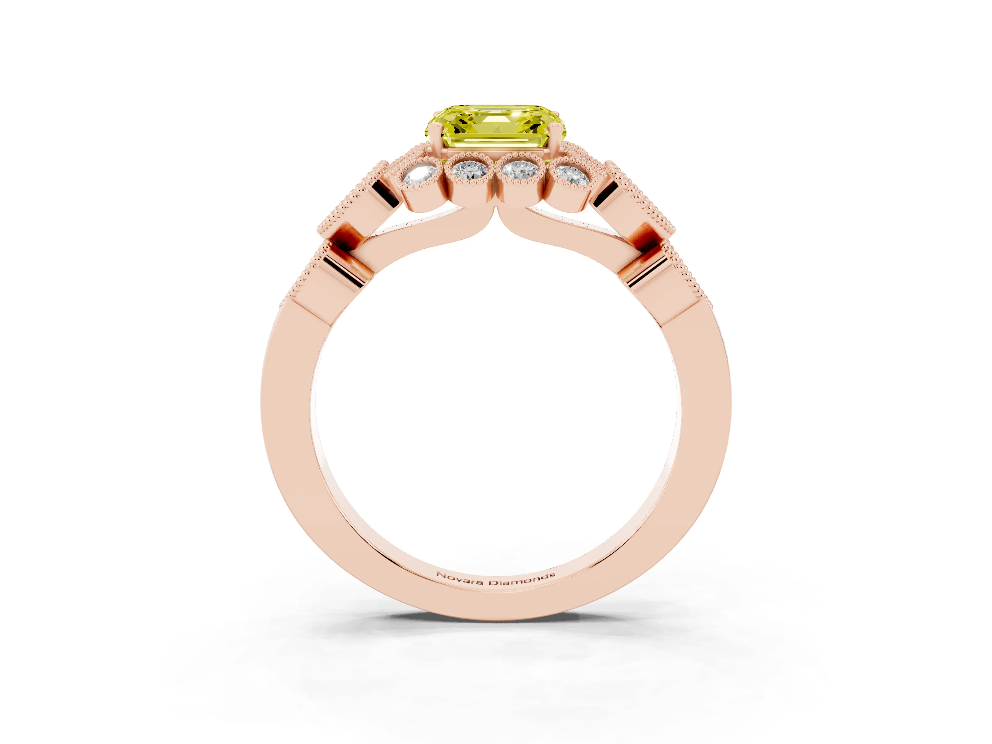 Fancy Yellow Asscher Cut Diamond Solitaire Ring Set in Rose gold with Milgrain Pavé Heart Band