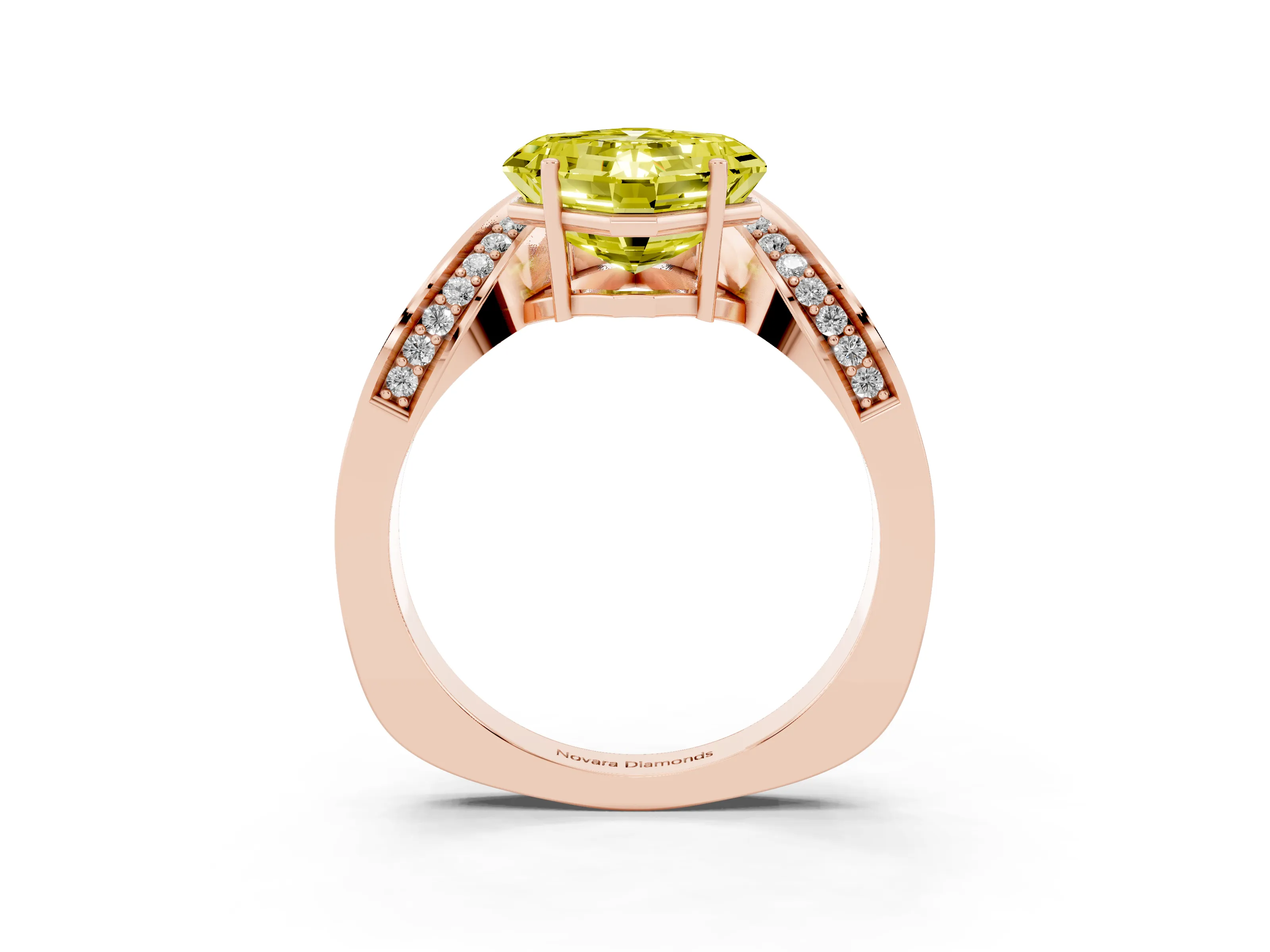 Fancy Yellow Asscher Cut Diamond Solitaire Engagement Ring Set in Rose gold with Pavé Shoulders
