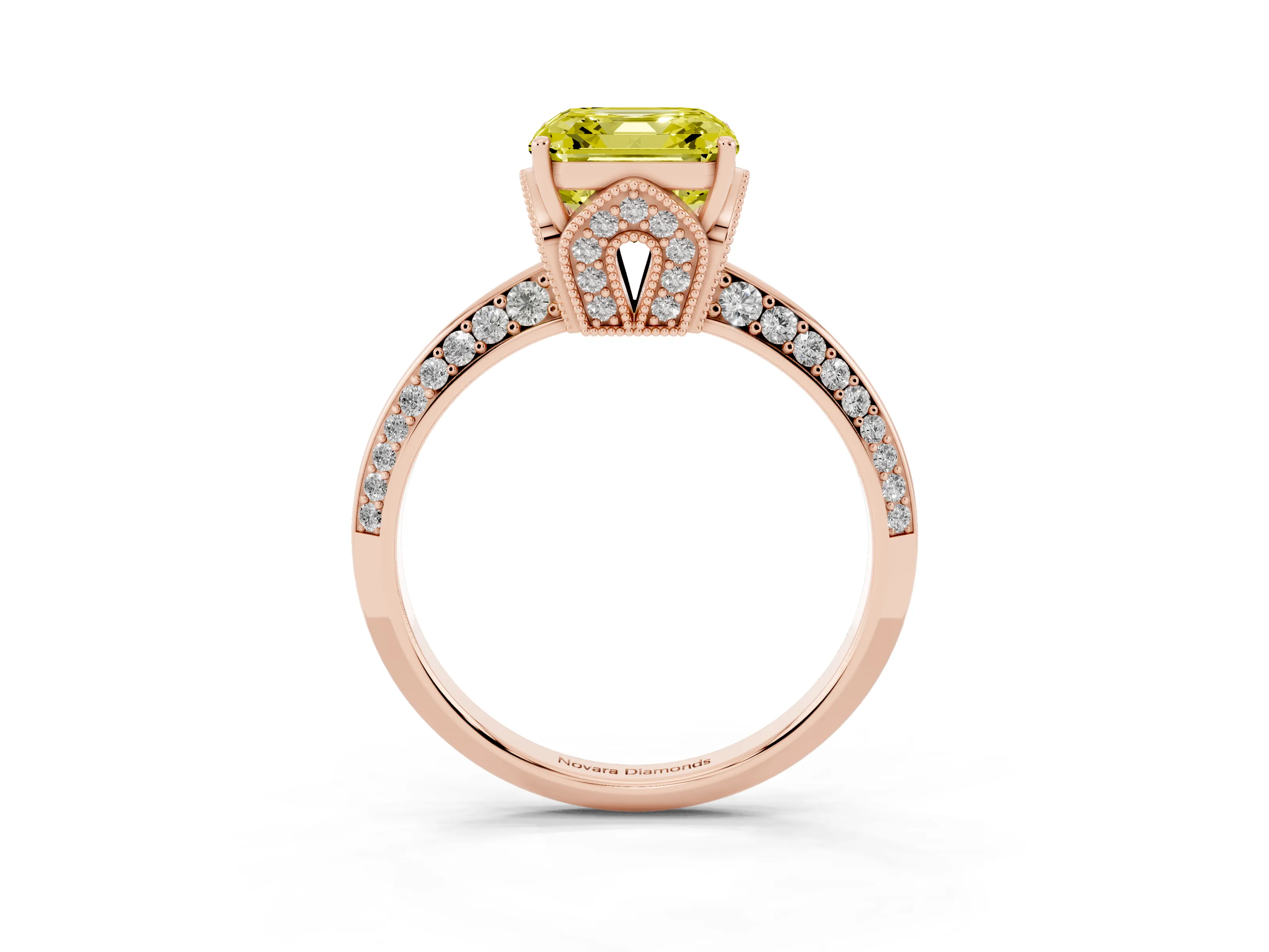 Fancy Yellow Asscher Cut Diamond Solitaire Engagement Ring Set in Rose gold with Pavé Split Shank and Prong Setting