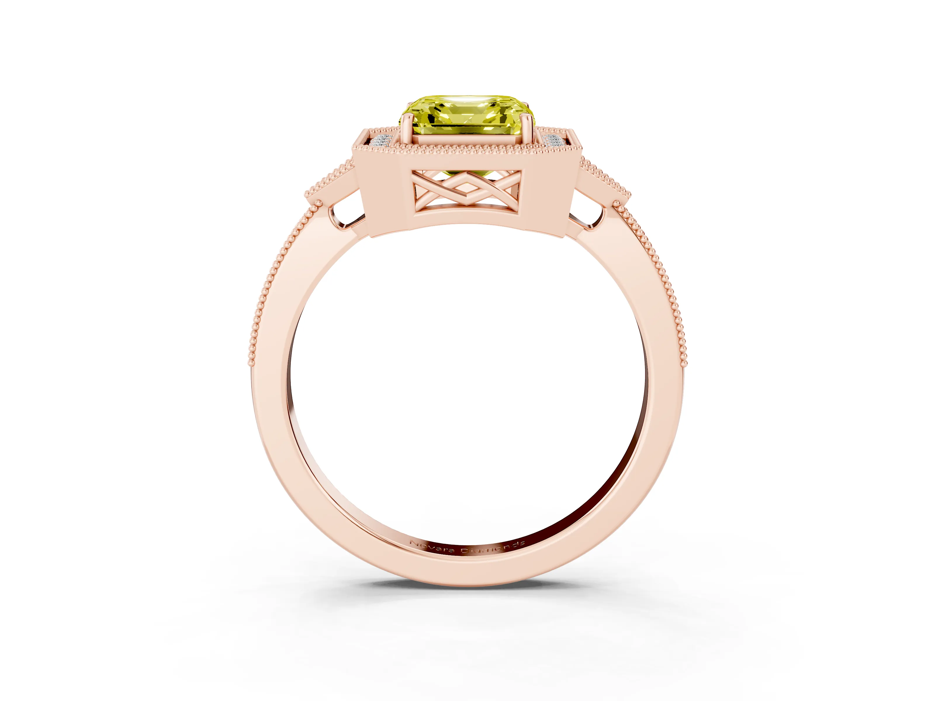 Fancy Yellow Asscher Cut Diamond Halo Engagement Ring Set in Rose gold with Milgrain Pavé Band