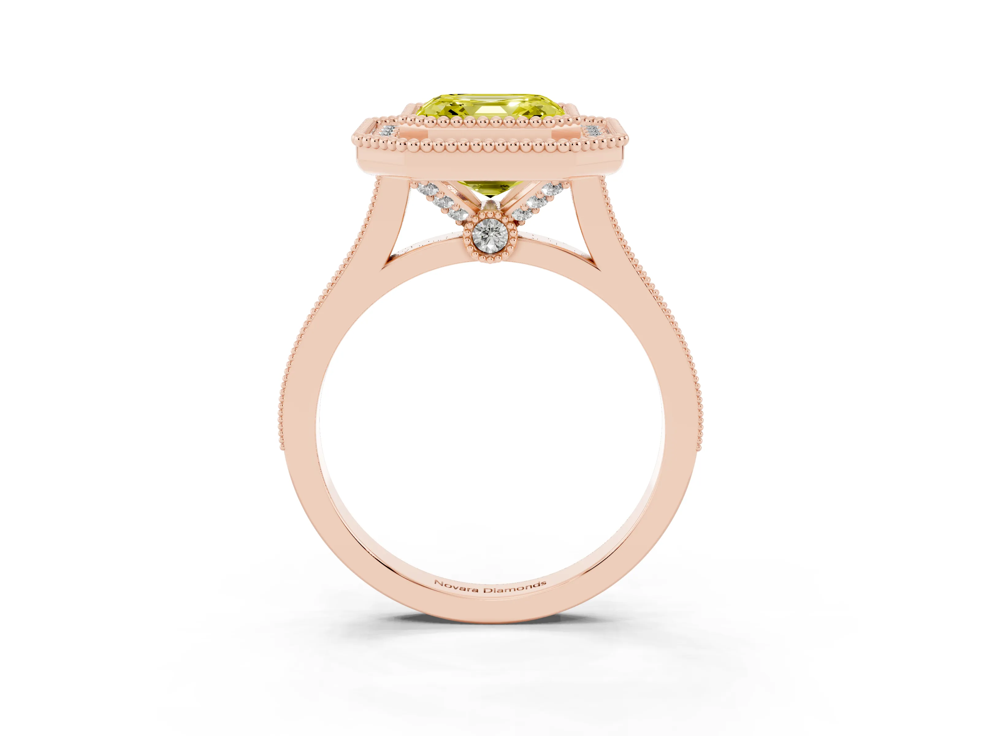 Fancy Yellow Asscher Cut Diamond Halo Ring Set in Rose gold with Milgrain Frame and Pavé Band