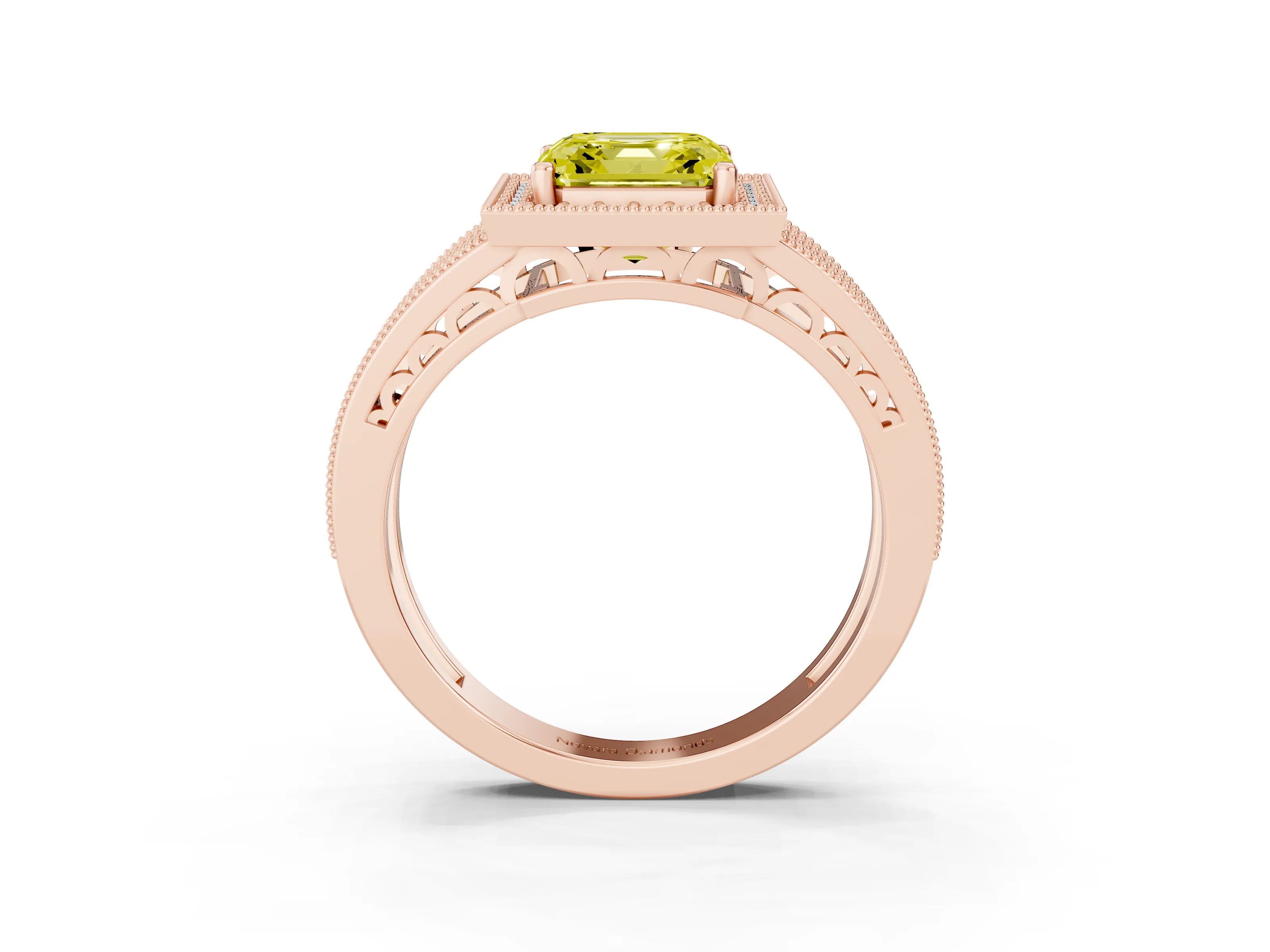 Fancy Yellow Asscher Cut Diamond Halo Ring Set in Rose gold with Accent Split Shank and Prong Setting