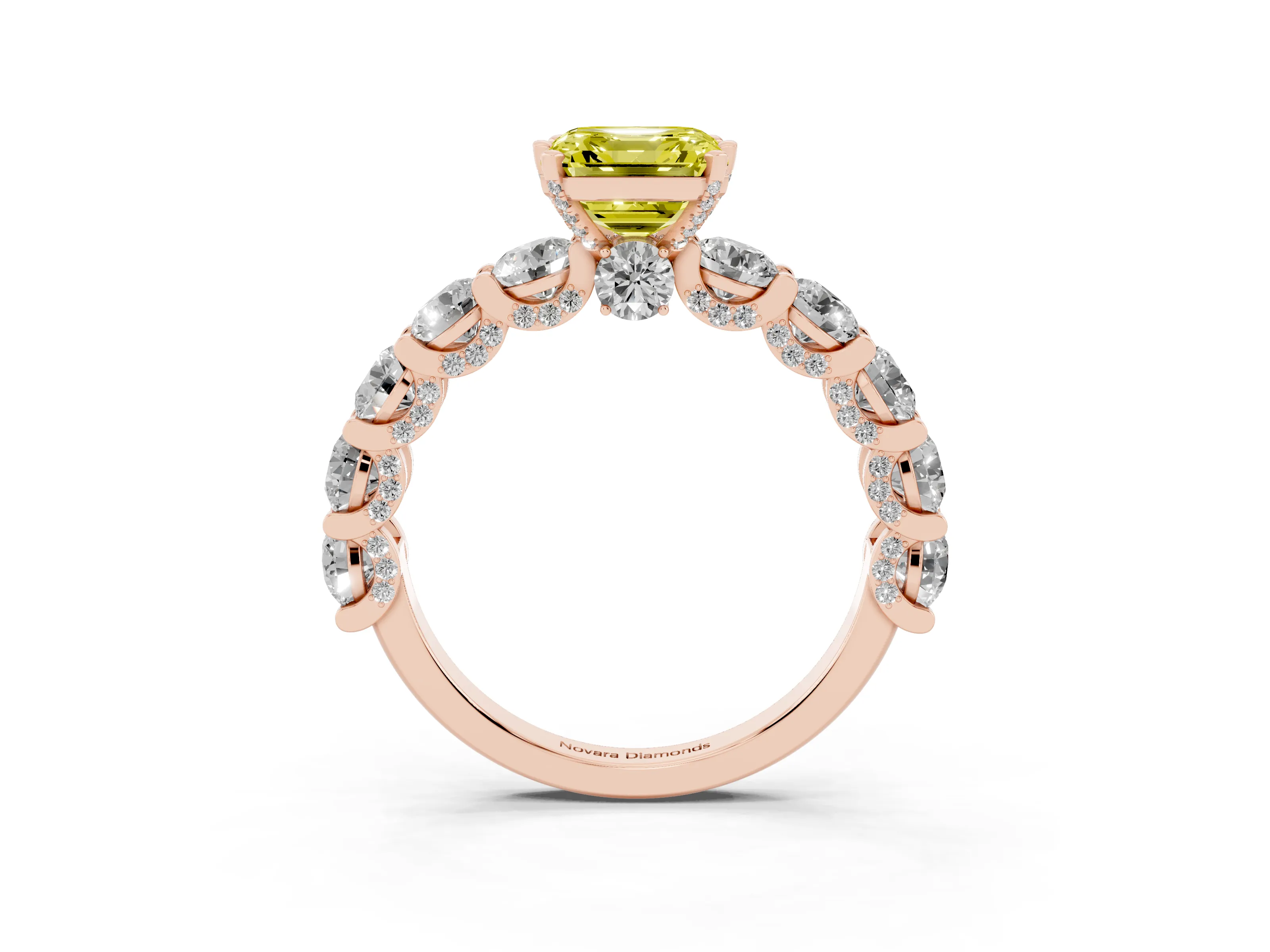 Fancy Yellow Asscher Cut Diamond Side Stone Ring Set in Rose gold with Alternating Round and Oval Side Stones