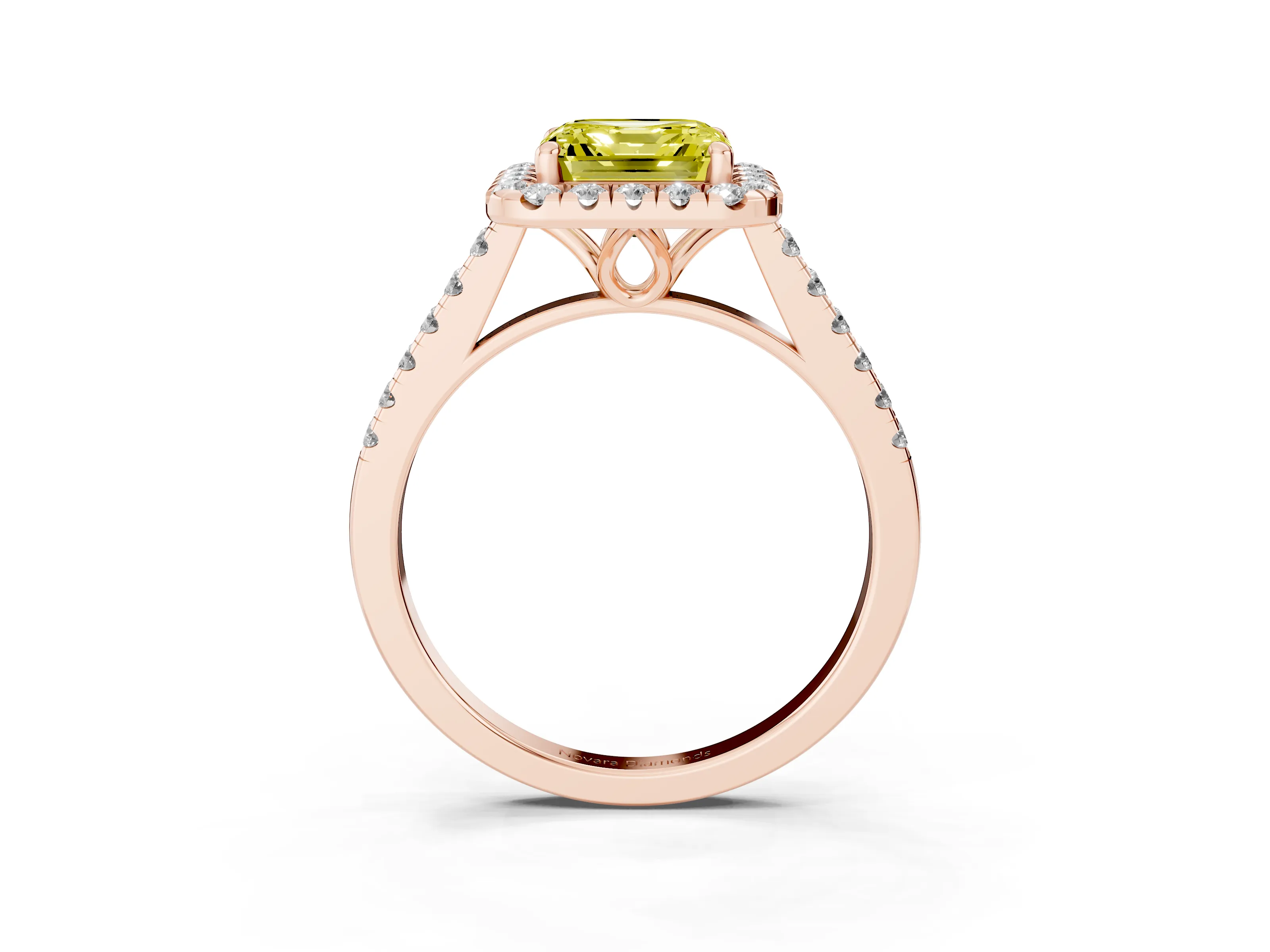 Fancy Yellow Asscher Cut Diamond Pavé Halo Engagement Ring Set in Rose gold with Pavé Band and Prong Setting