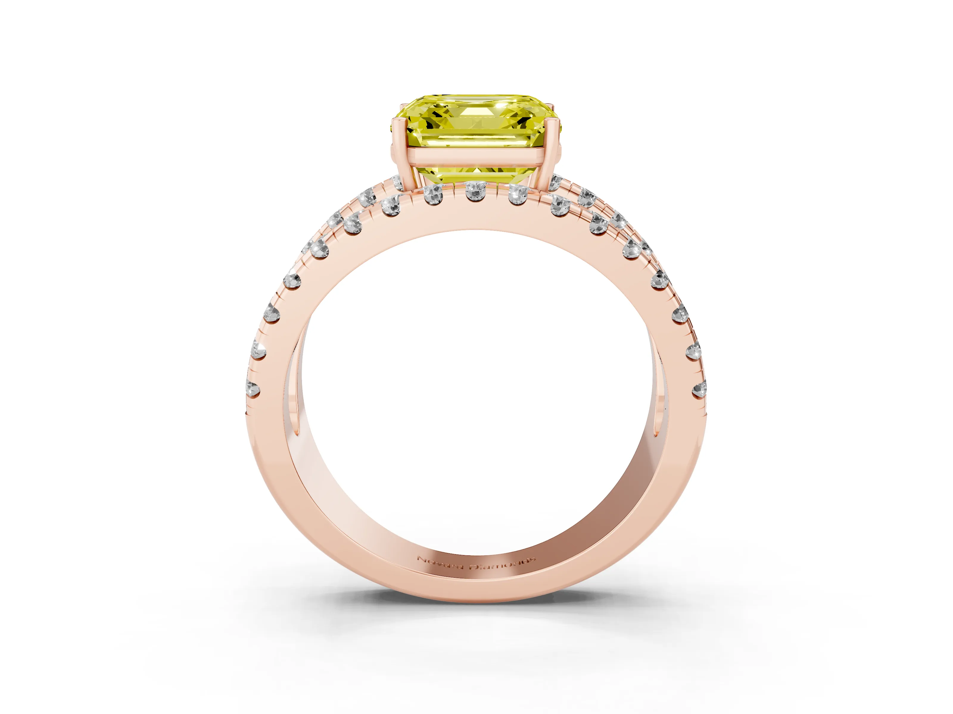 Fancy Yellow Asscher Cut Diamond Split Shank Pavé Solitaire Ring Set in Rose gold with Open Shank Design