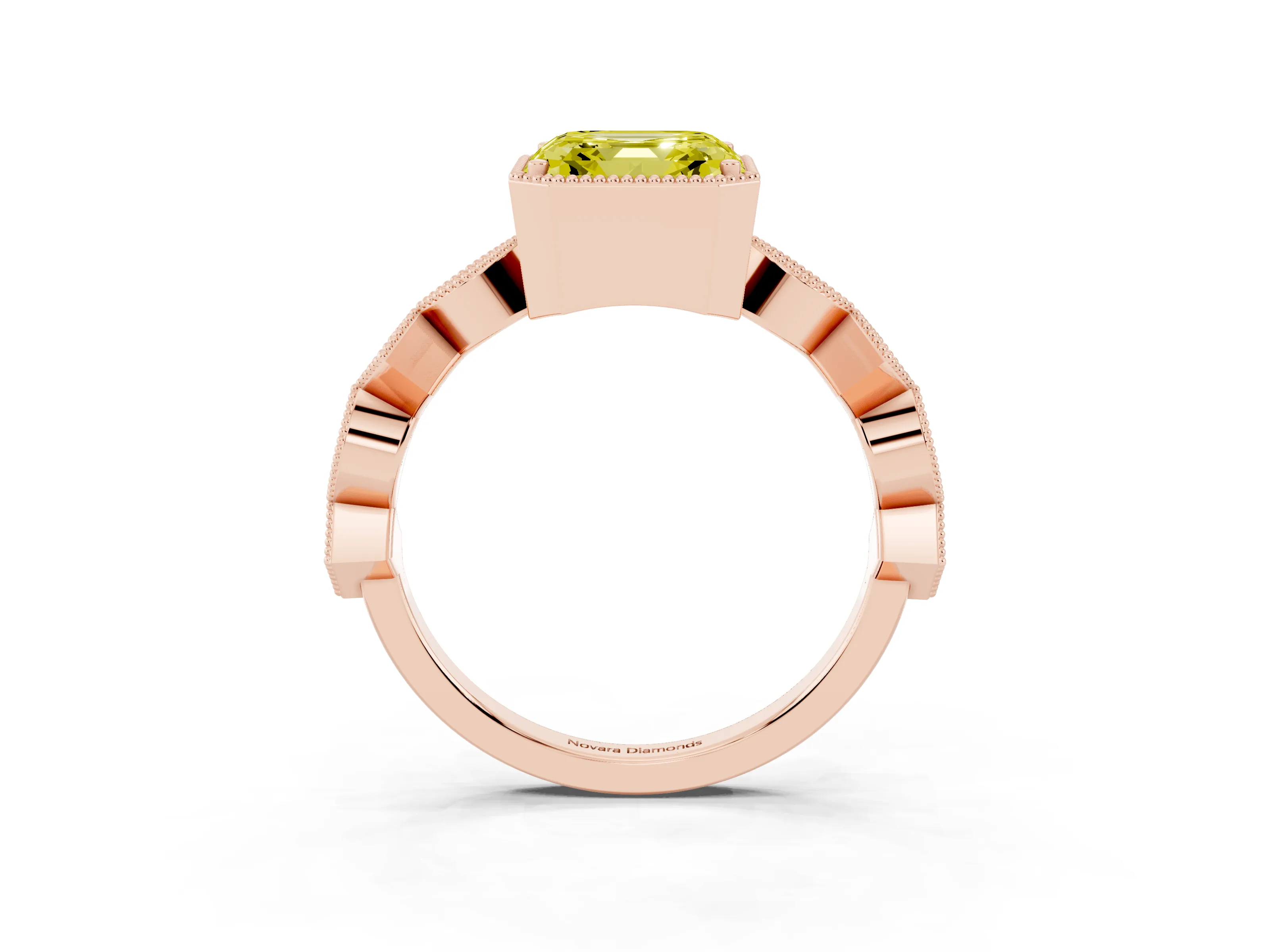 Fancy Yellow Asscher Cut Diamond Milgrain Marquise Twist Band Ring Set in Rose gold with Prong Setting