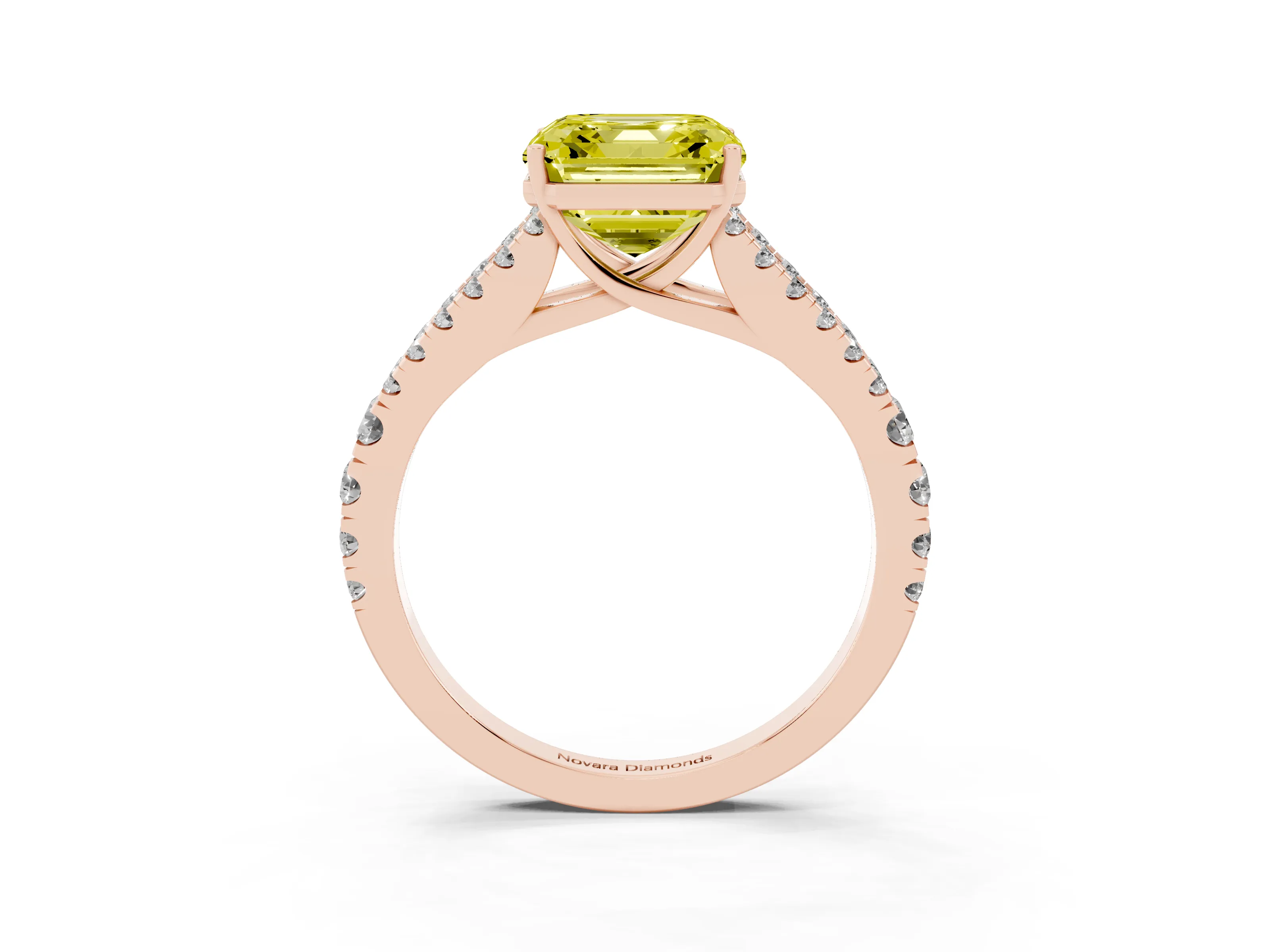 Fancy Yellow Asscher Cut Diamond Split Shank Engagement Ring Set in Rose gold with Round Pavé and Prong Setting