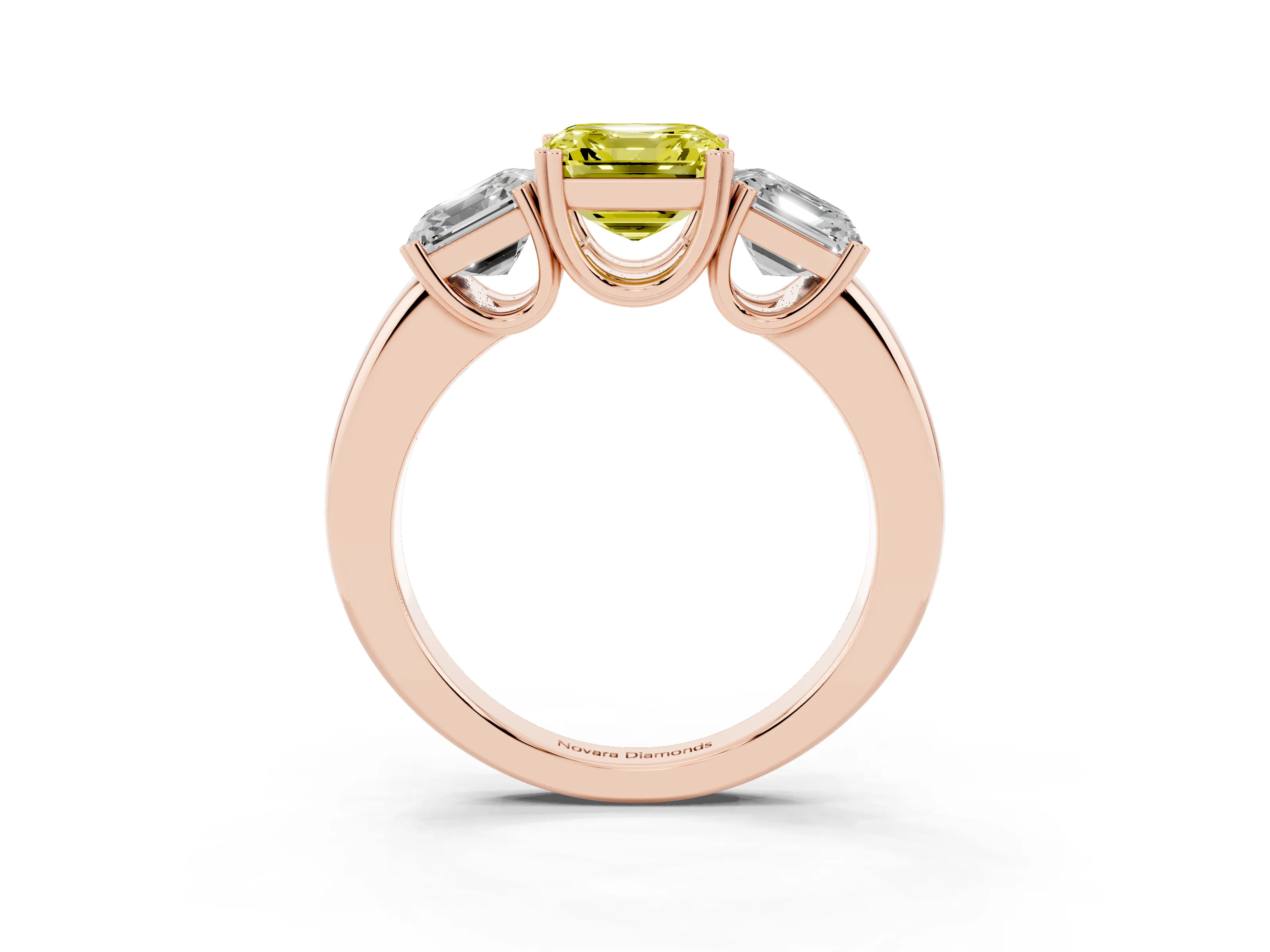 Fancy Yellow Asscher Cut Diamond Three-Stone Ring Set in Rose gold with Polished Band and Prong Setting