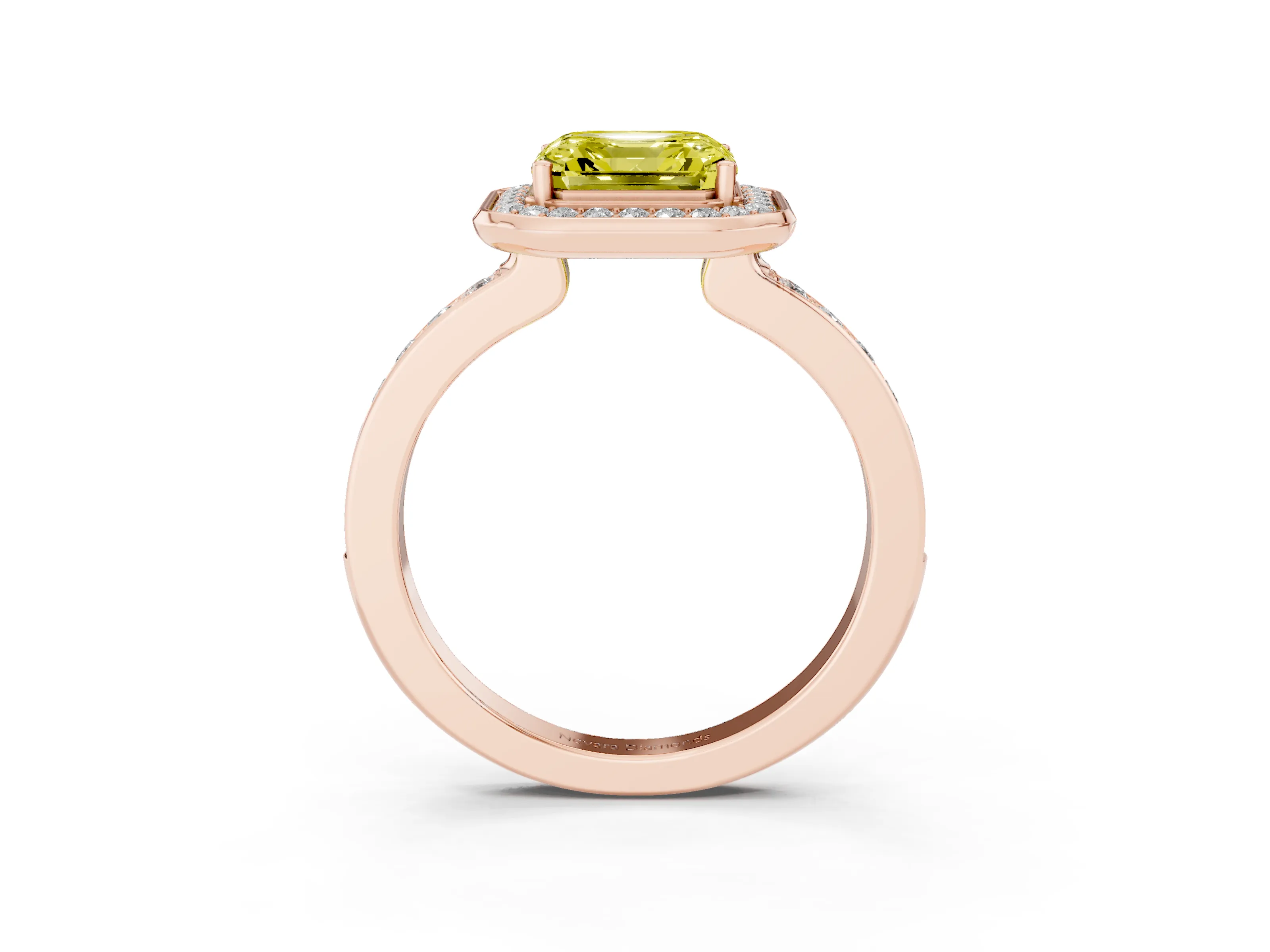 Fancy Yellow Asscher Cut Diamond Halo Ring Set in Rose gold with Bezel Frame and Pavé Band