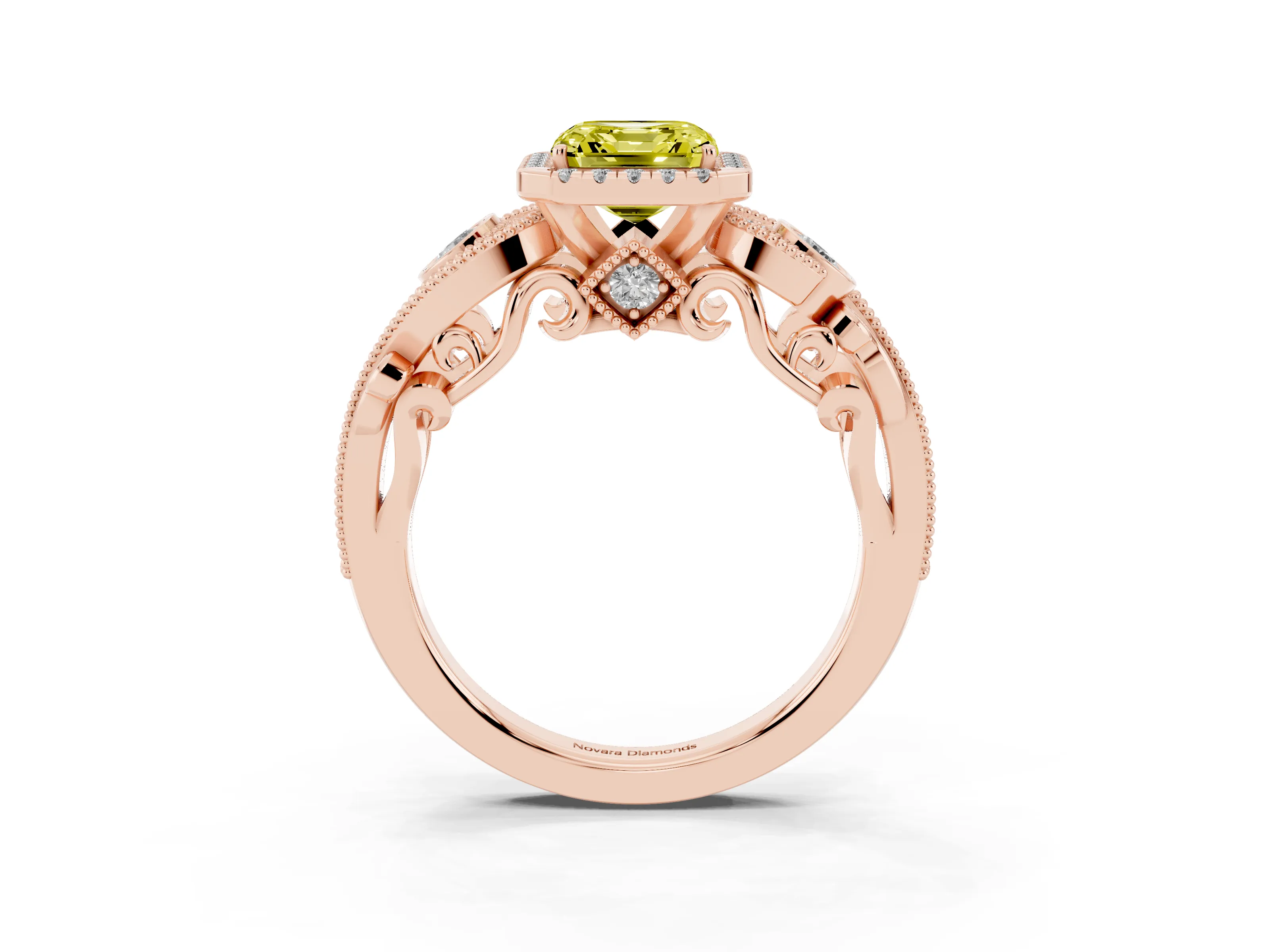 Fancy Yellow Asscher Cut Diamond Halo Ring Set in Rose gold with Milgrain Pavé Band and Prong Setting