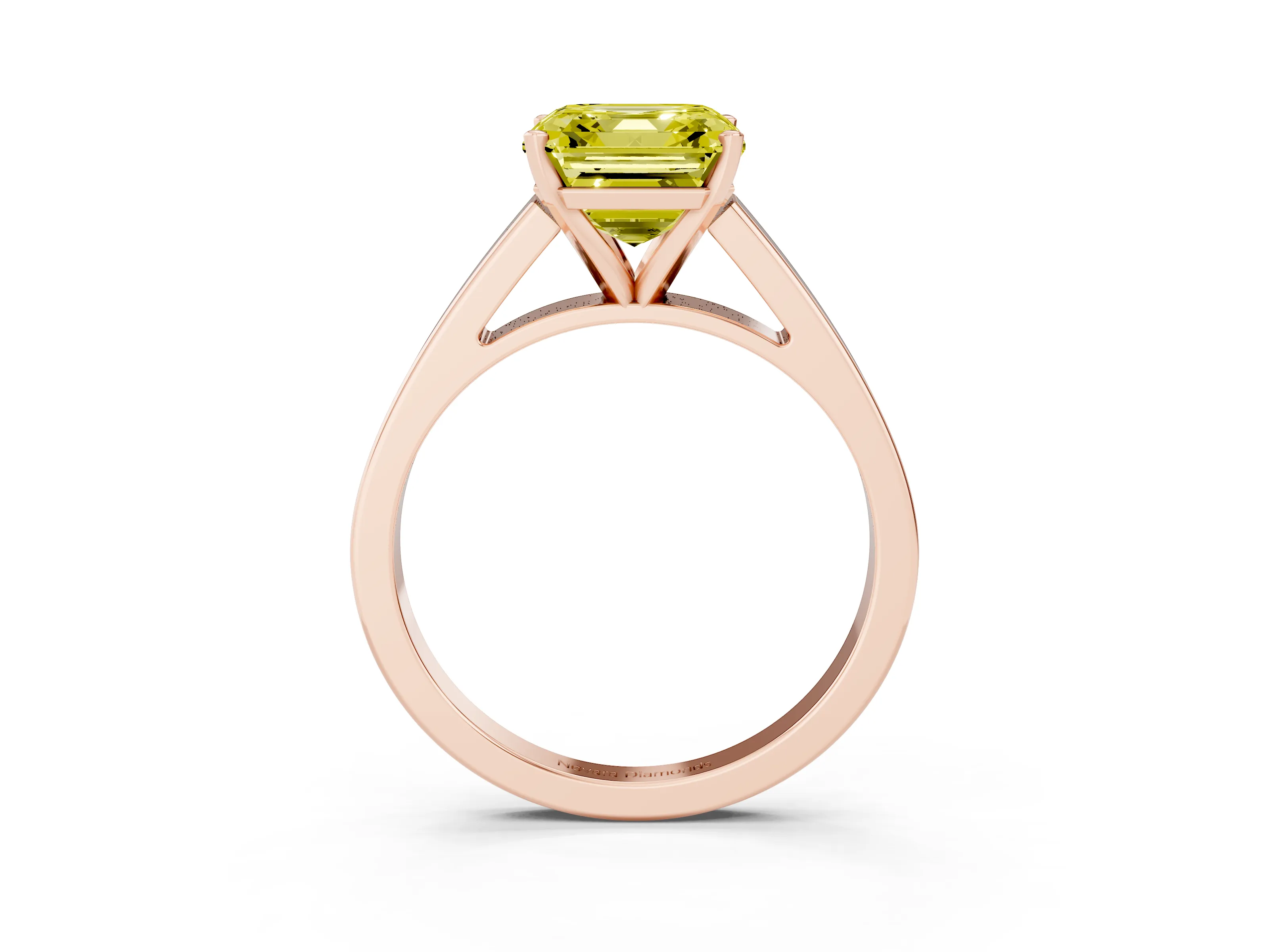 Fancy Yellow Asscher Cut Diamond Solitaire Engagement Ring Set in Rose gold with Prong Setting and Tapered Band