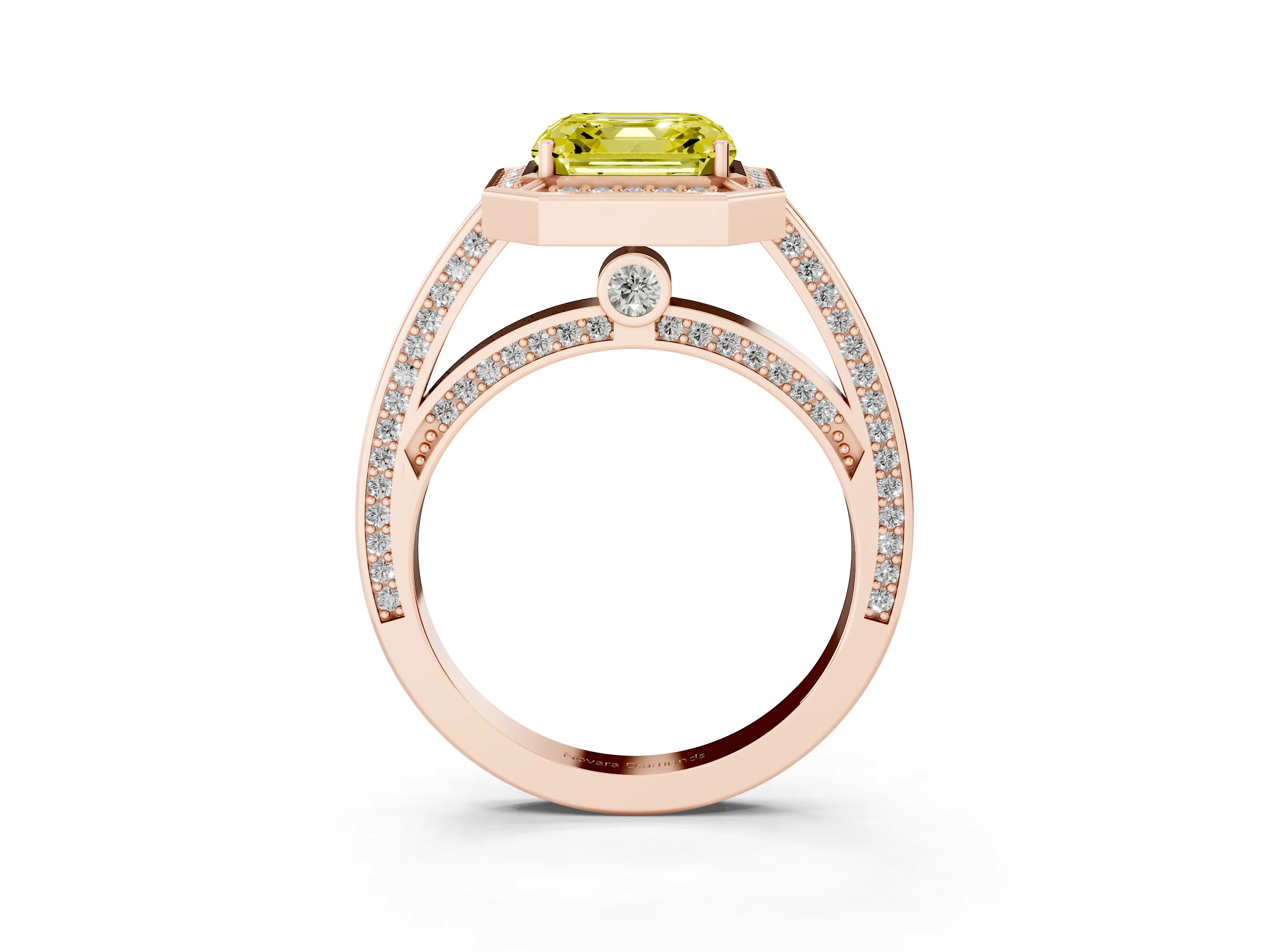 Fancy Yellow Asscher Cut Diamond Halo Pavé Split Shank Ring Set in Rose gold with Prong Setting