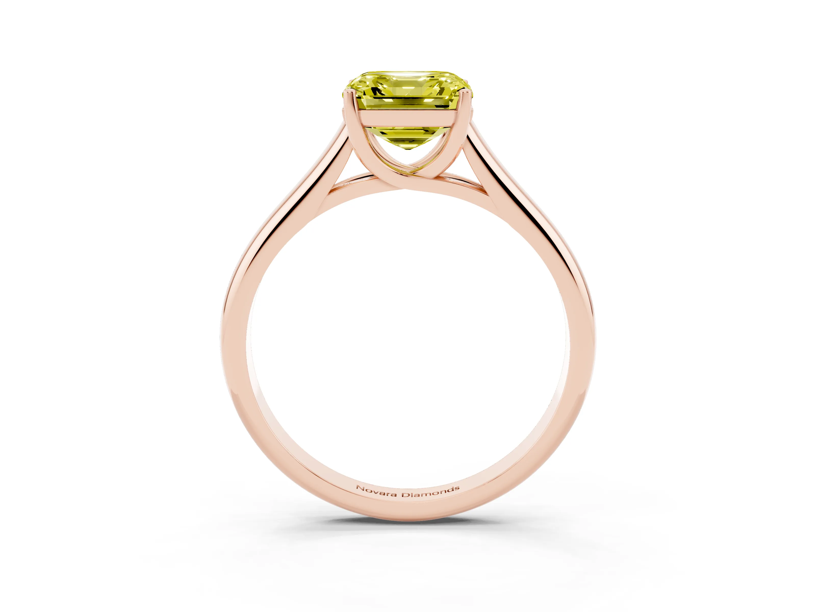 Fancy Yellow Asscher Cut Diamond Solitaire Engagement Ring Set in Rose gold with Subtly Tapered Band and Prong Setting