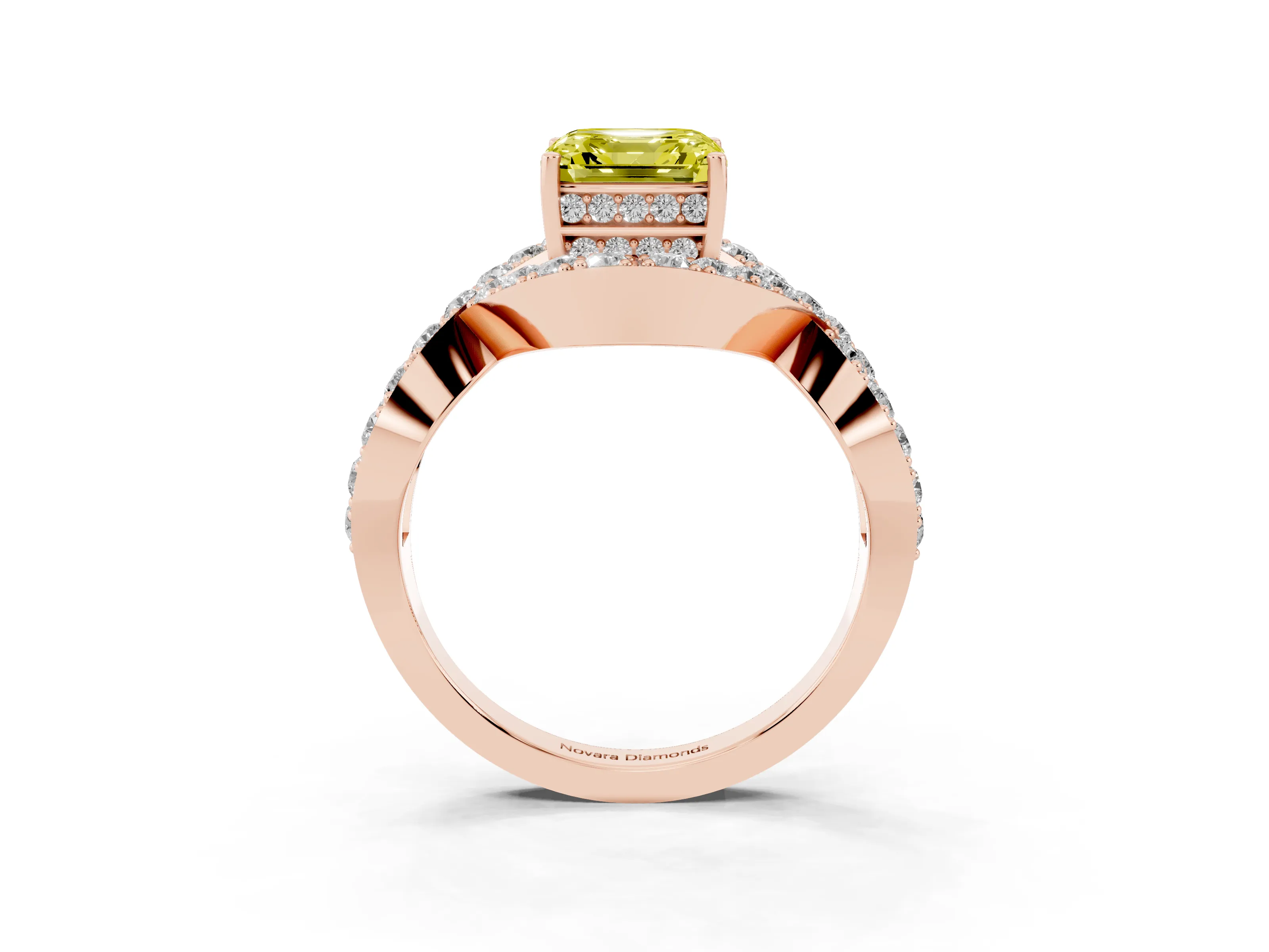 Fancy Yellow Asscher Cut Diamond Solitaire Twist Band Pavé Engagement Ring Set in Rose gold