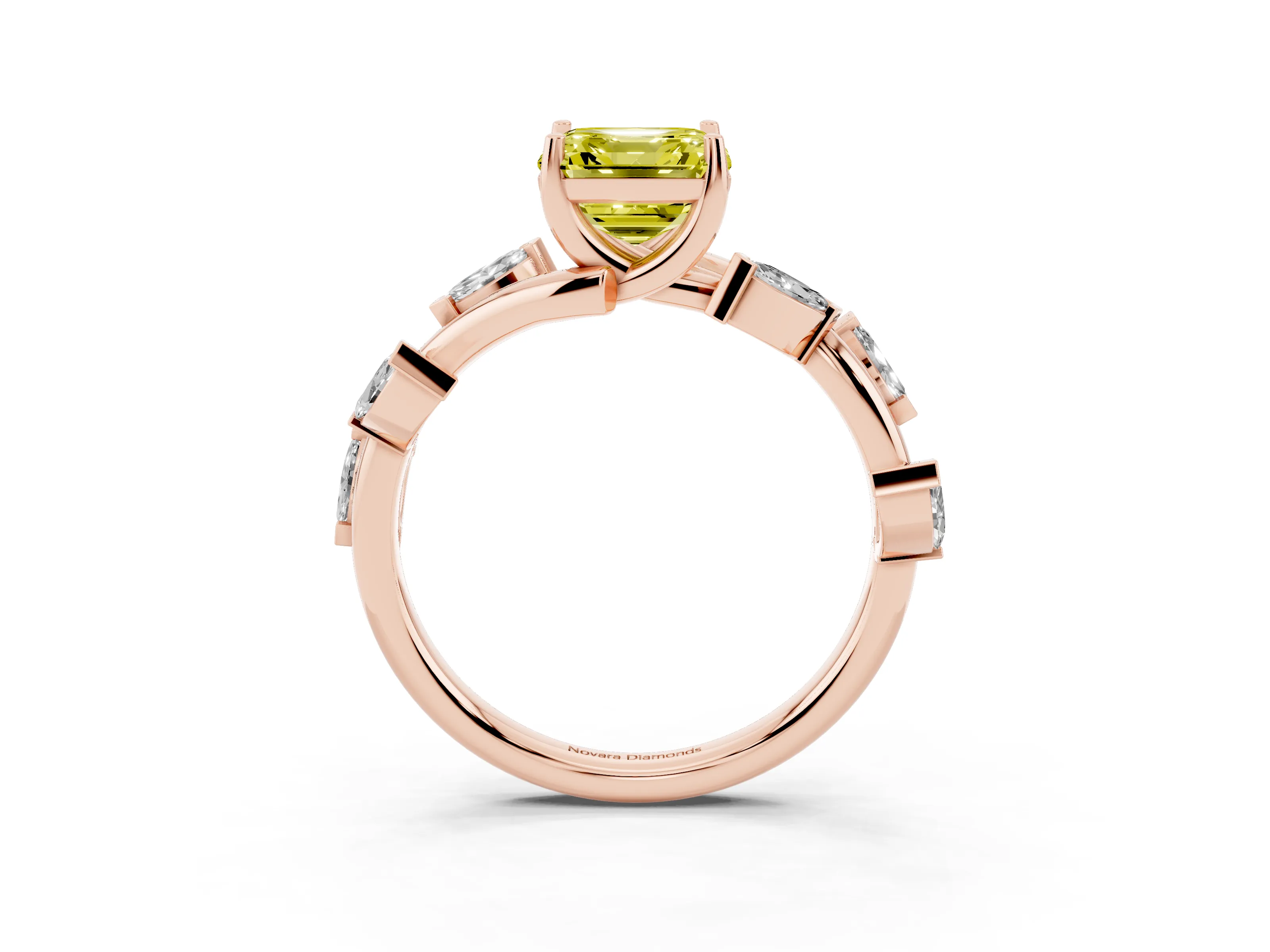 Fancy Yellow Asscher Cut Diamond Solitaire Ring Set in Rose gold with Twisted Marquise Accent Band