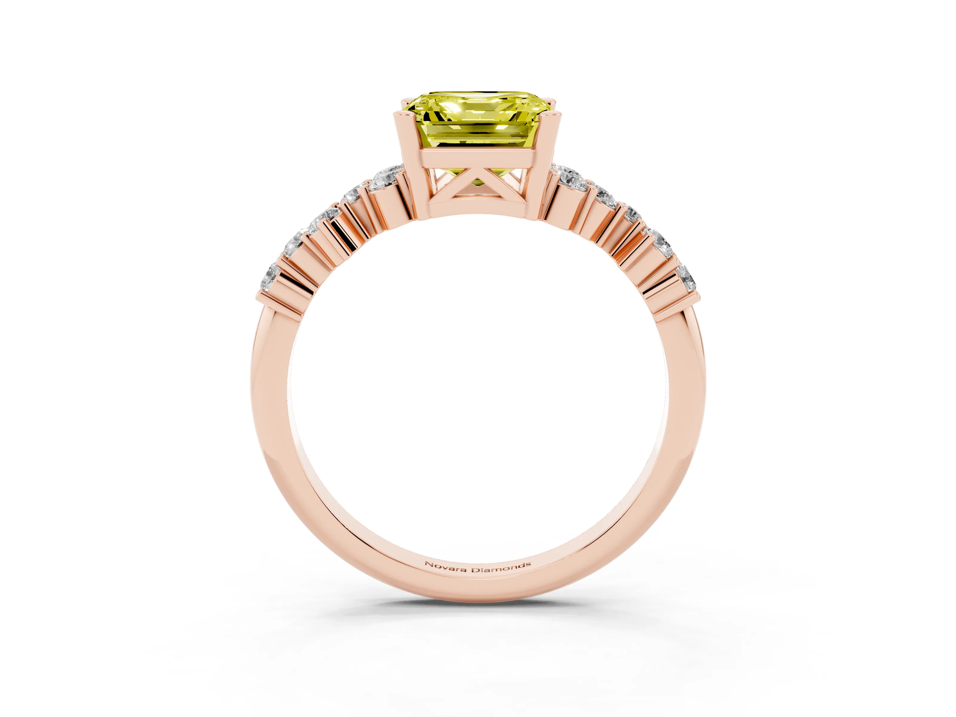 Fancy Yellow Asscher Cut Diamond Ring Set in Rose gold with Scattered Round Accents