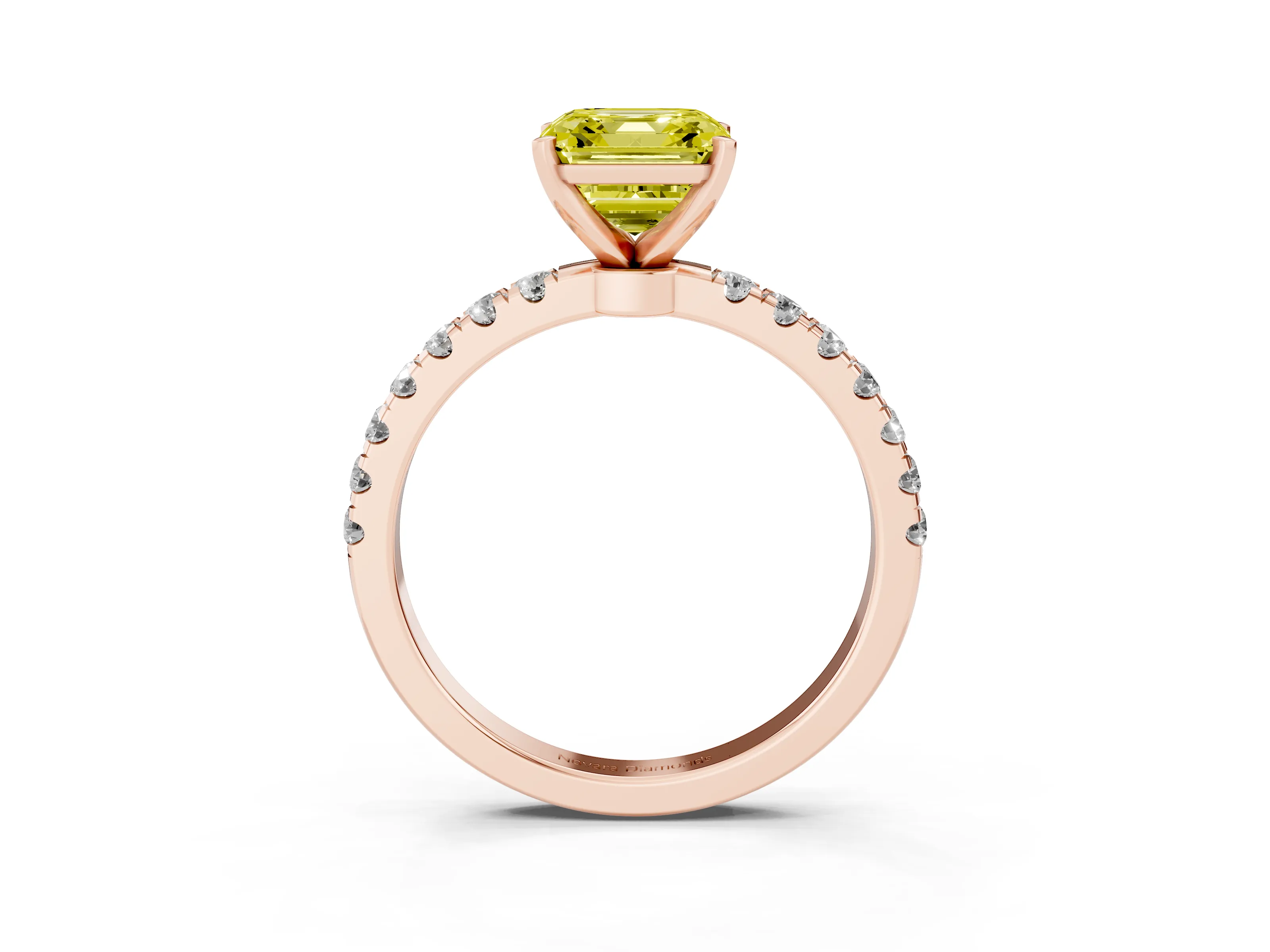 Fancy Yellow Asscher Cut Diamond Solitaire Ring Set in Rose gold with Pavé Accents and Prong Setting