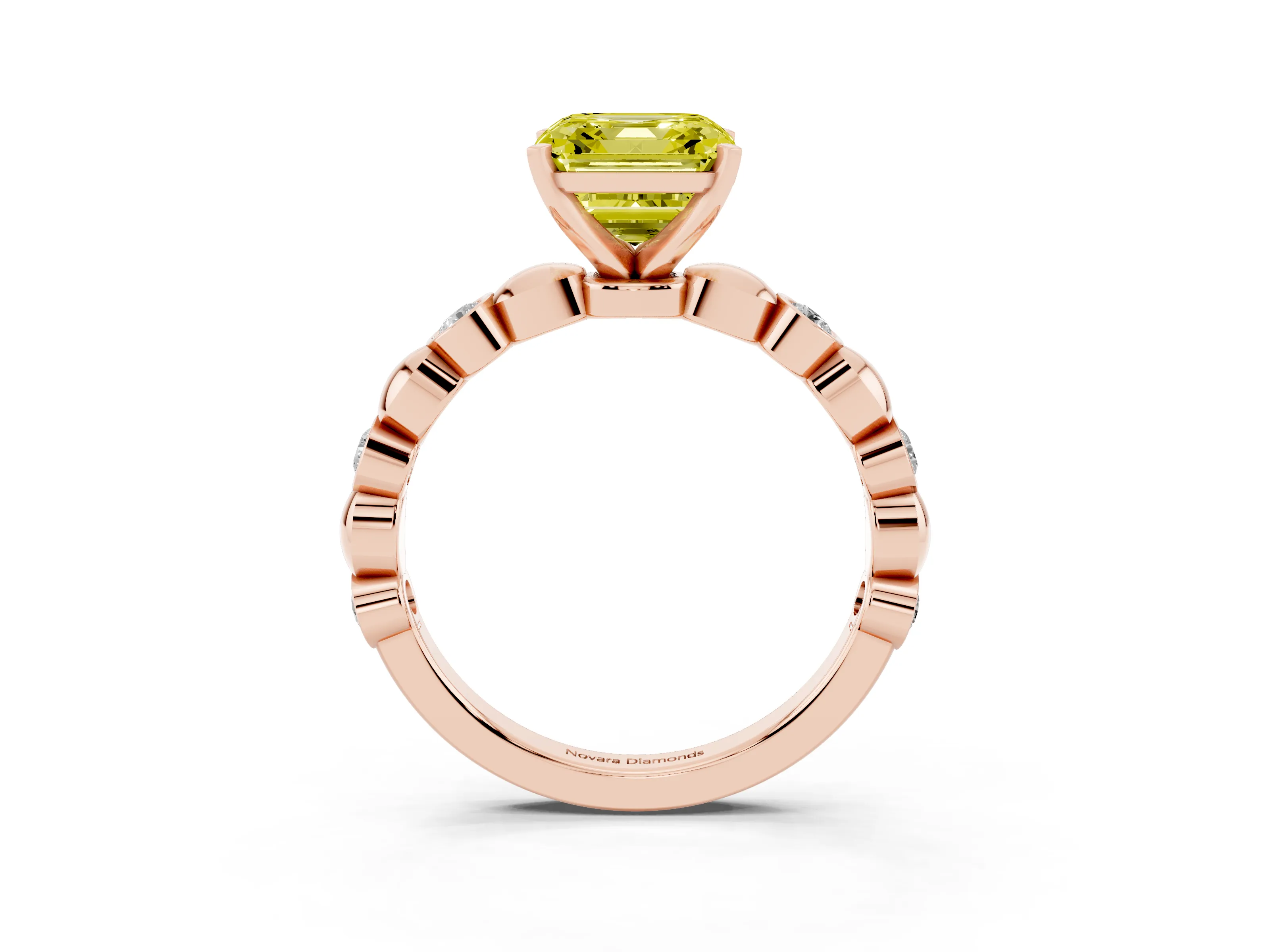 Fancy Yellow Asscher Cut Diamond Solitaire Ring Set in Rose gold with Bezel-Set Accents on Beaded Band and Prong Setting