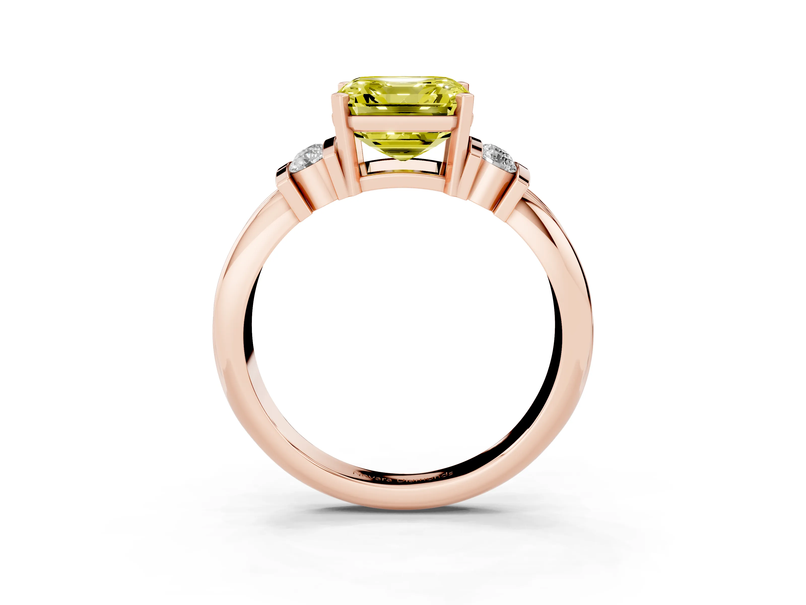 Fancy Yellow Three-Stone Asscher Cut Diamond Channel Set Ring Set in Rose gold with Bar Prongs