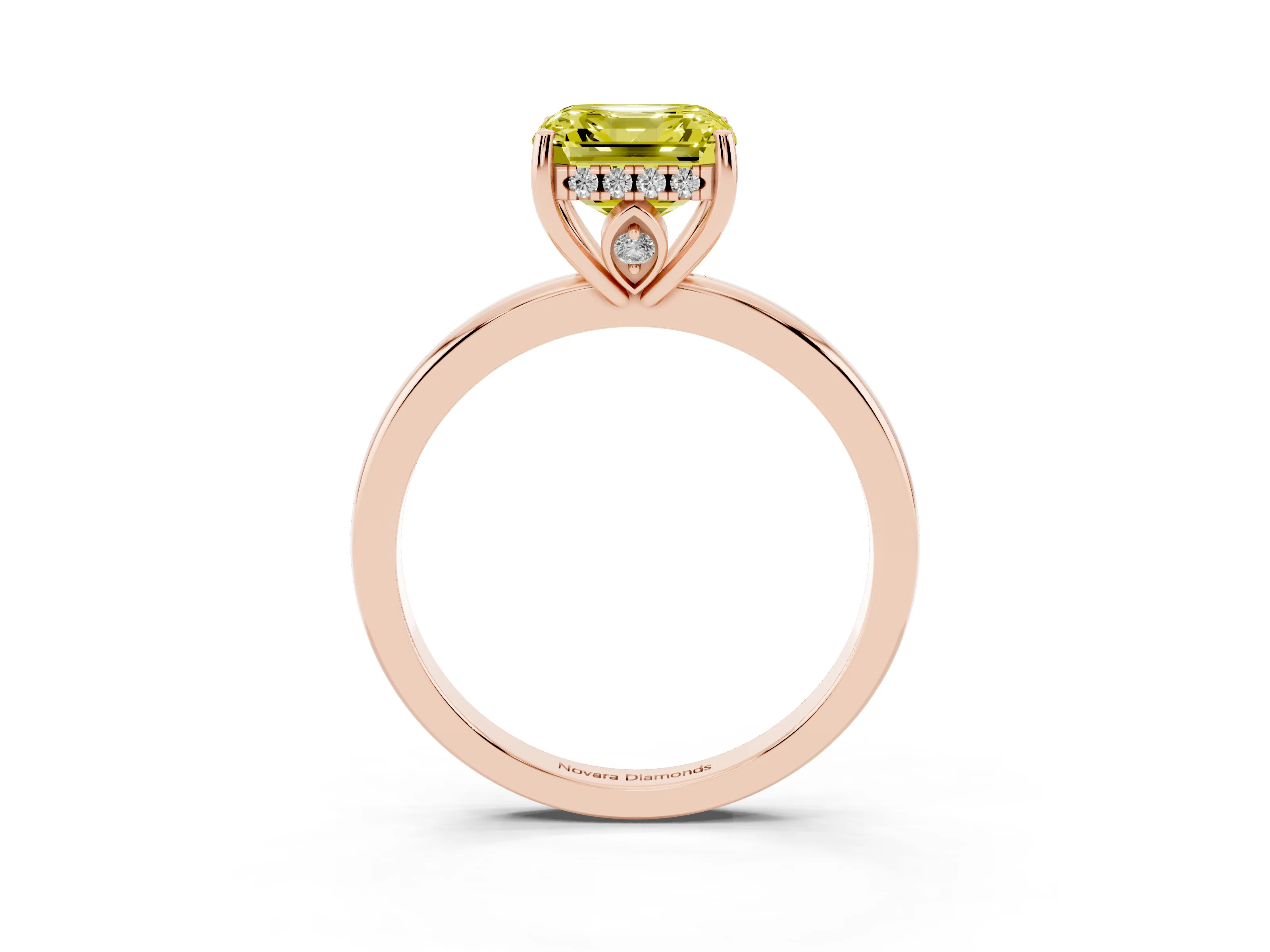 Fancy Yellow Asscher Cut Diamond Solitaire Ring Set in Rose gold with Plain Band and Prong Setting