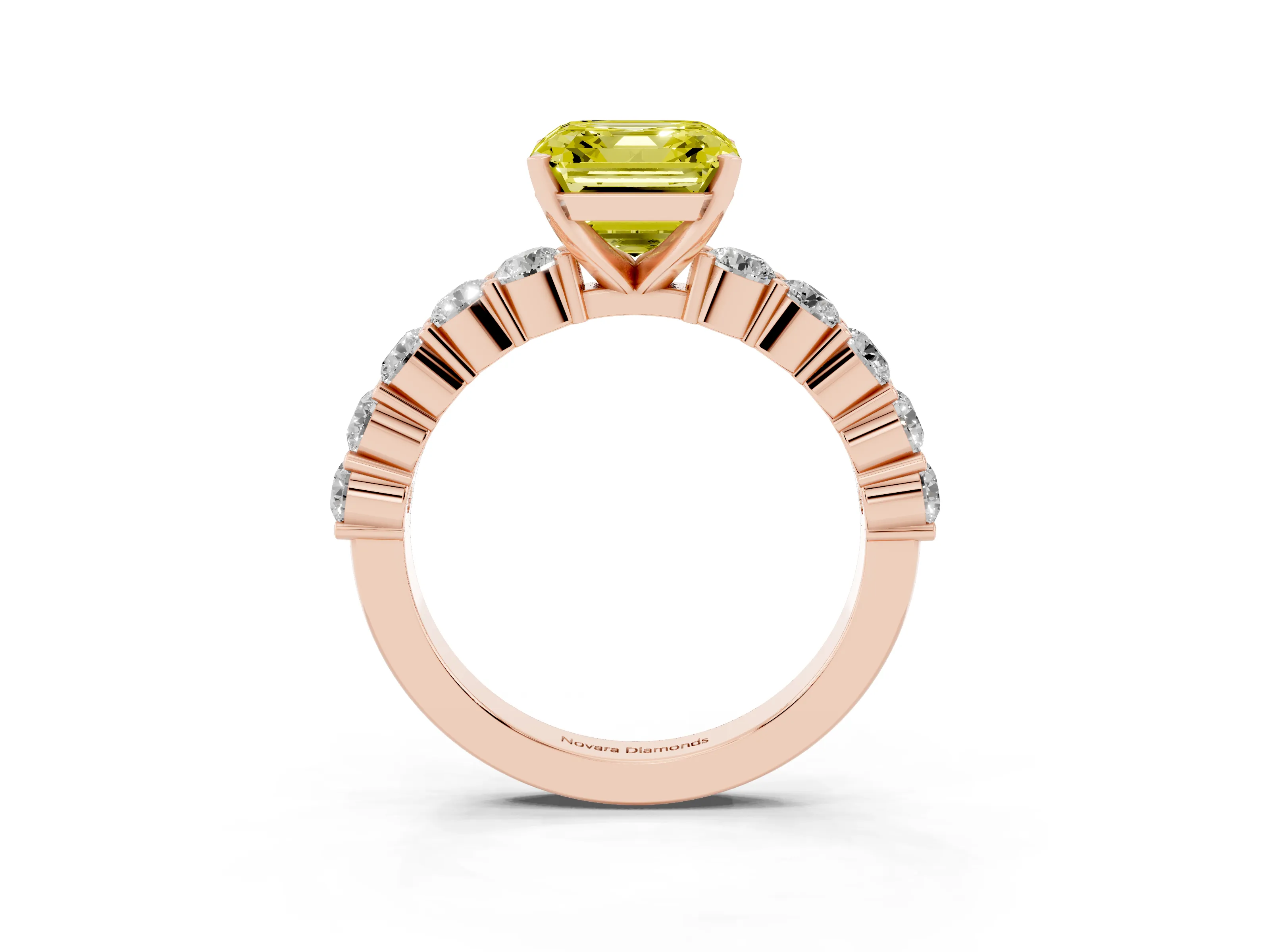 Fancy Yellow Asscher Cut Diamond Solitaire Ring Set in Rose gold with Shared Prong Round Side Stones
