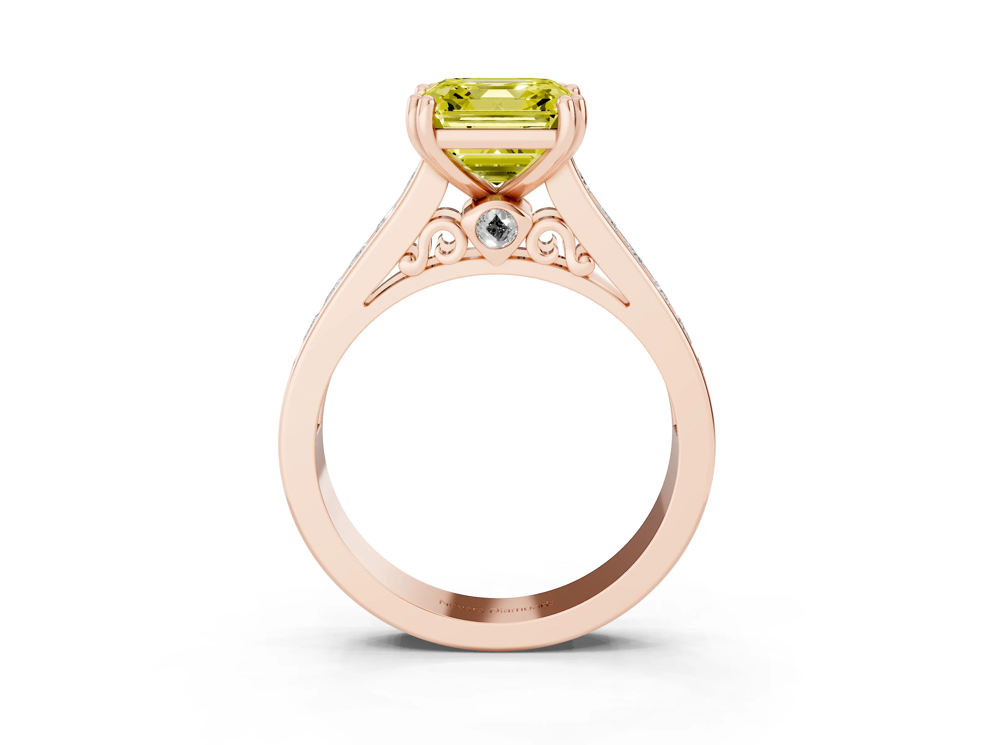 Fancy Yellow Asscher Cut Diamond Channel Set Solitaire Engagement Ring Set in Rose gold with Prong Setting